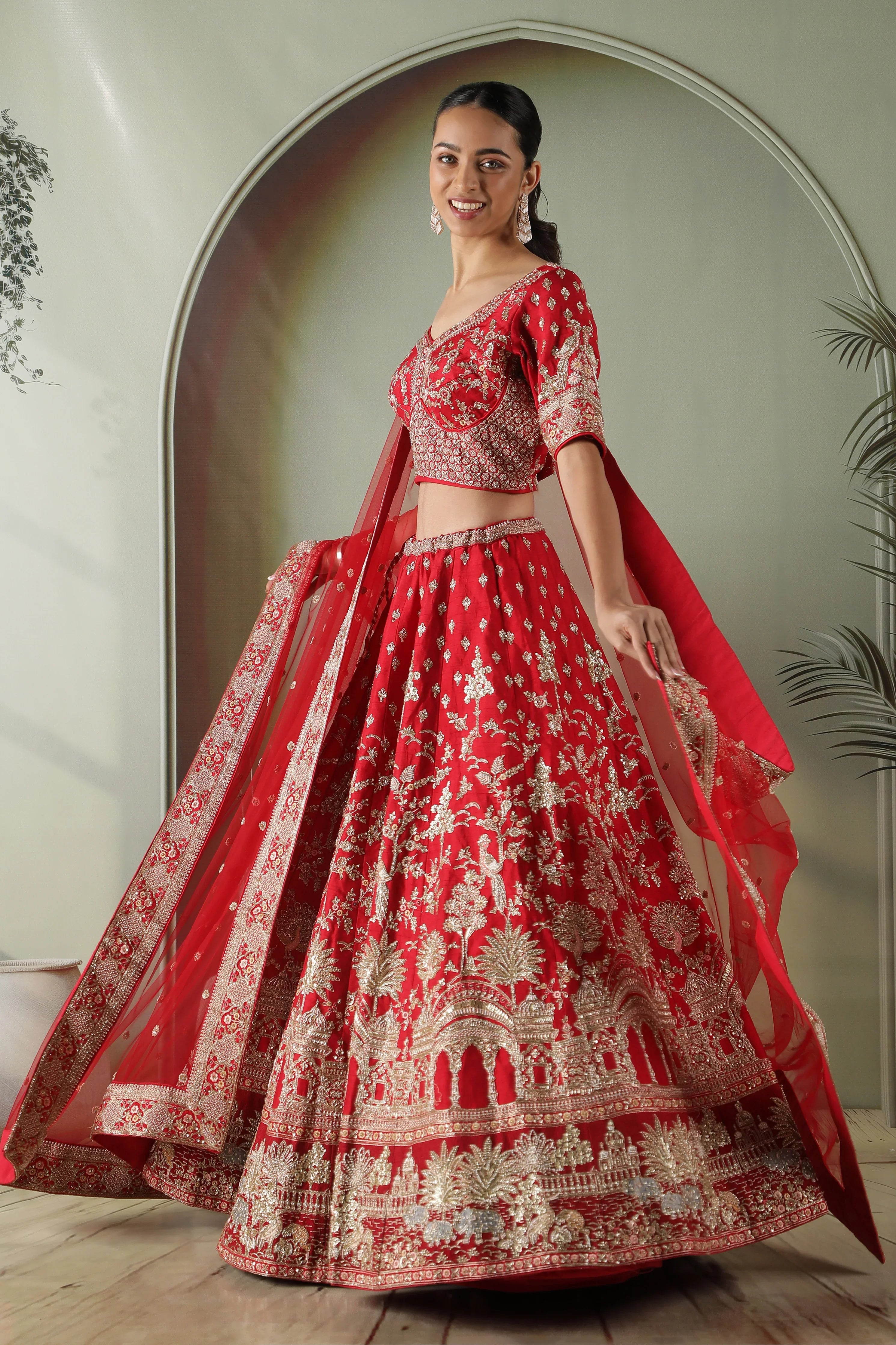 Scarlet Red Raw Silk Bridal Lehenga Set - Mokshaa