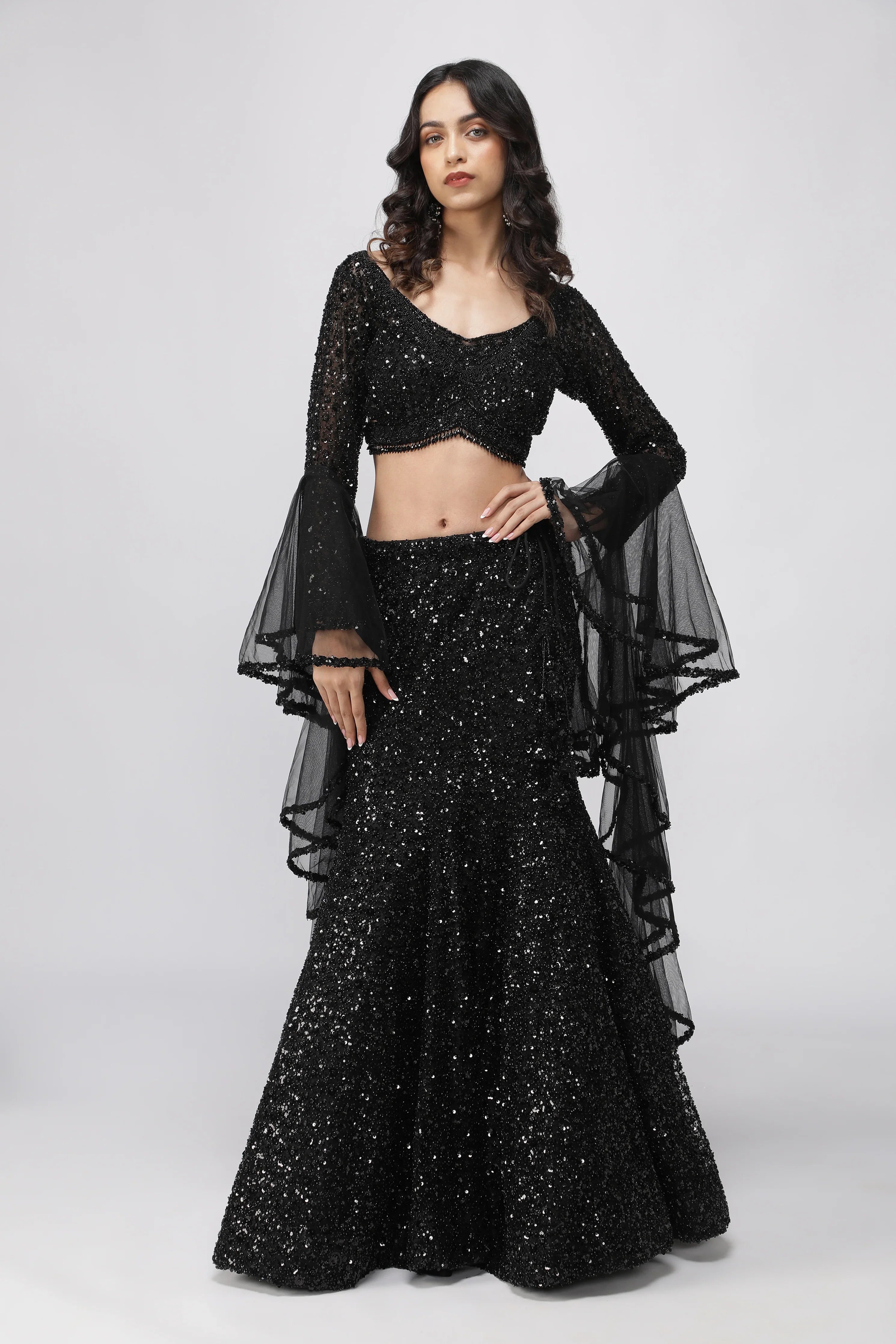Black Net Sequin Embroidered Lehenga Set with Cape - Mokshaa