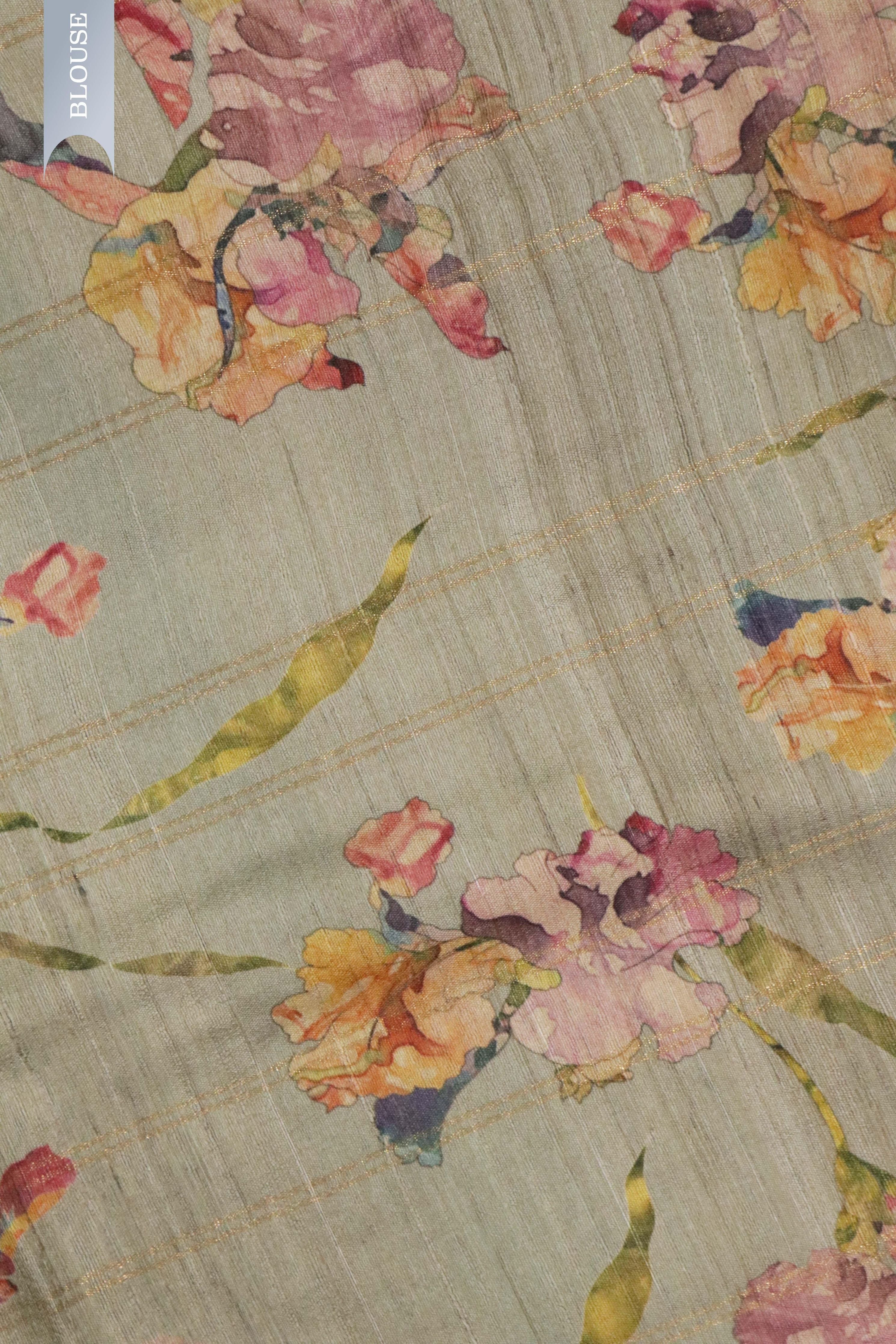 Sage Green Tussar Silk Saree with Zari Checks & Floral Print Border - Mokshaa