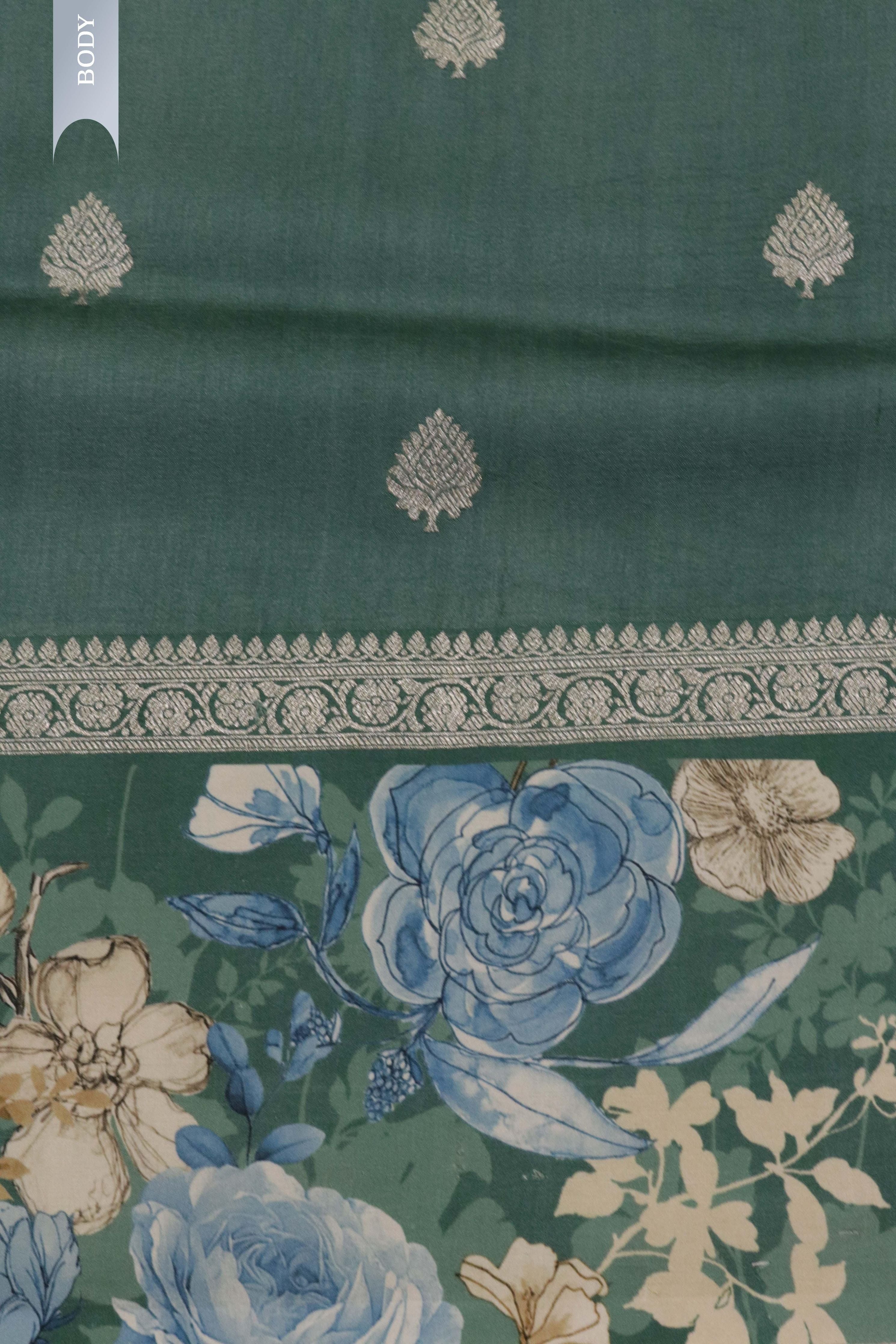 Turf Green Tussar Silk Saree with Silver Zari Motifs & Printed Border - Mokshaa