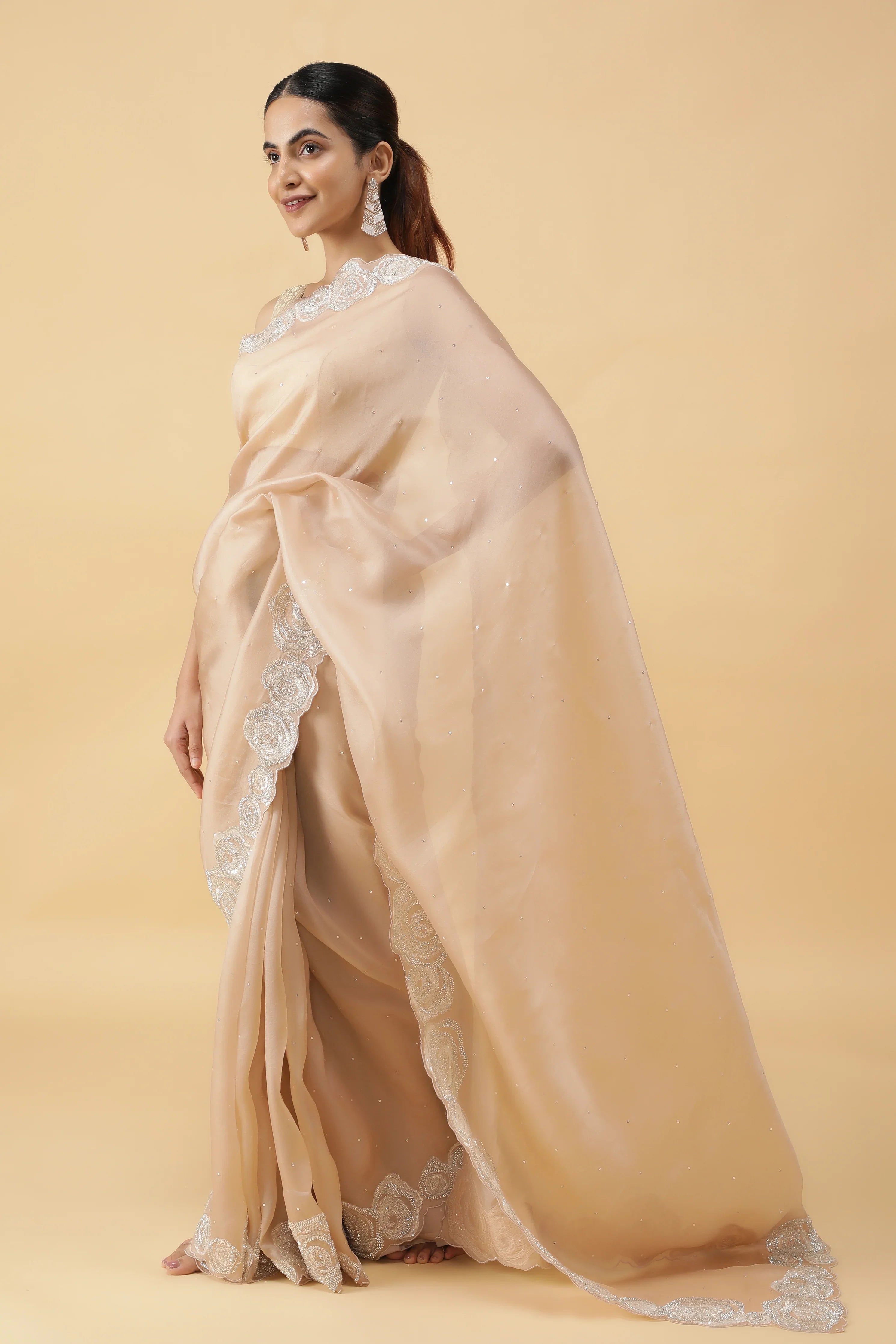 Ivory Silk Organza Saree with Sequins & Bead Border - Mokshaa