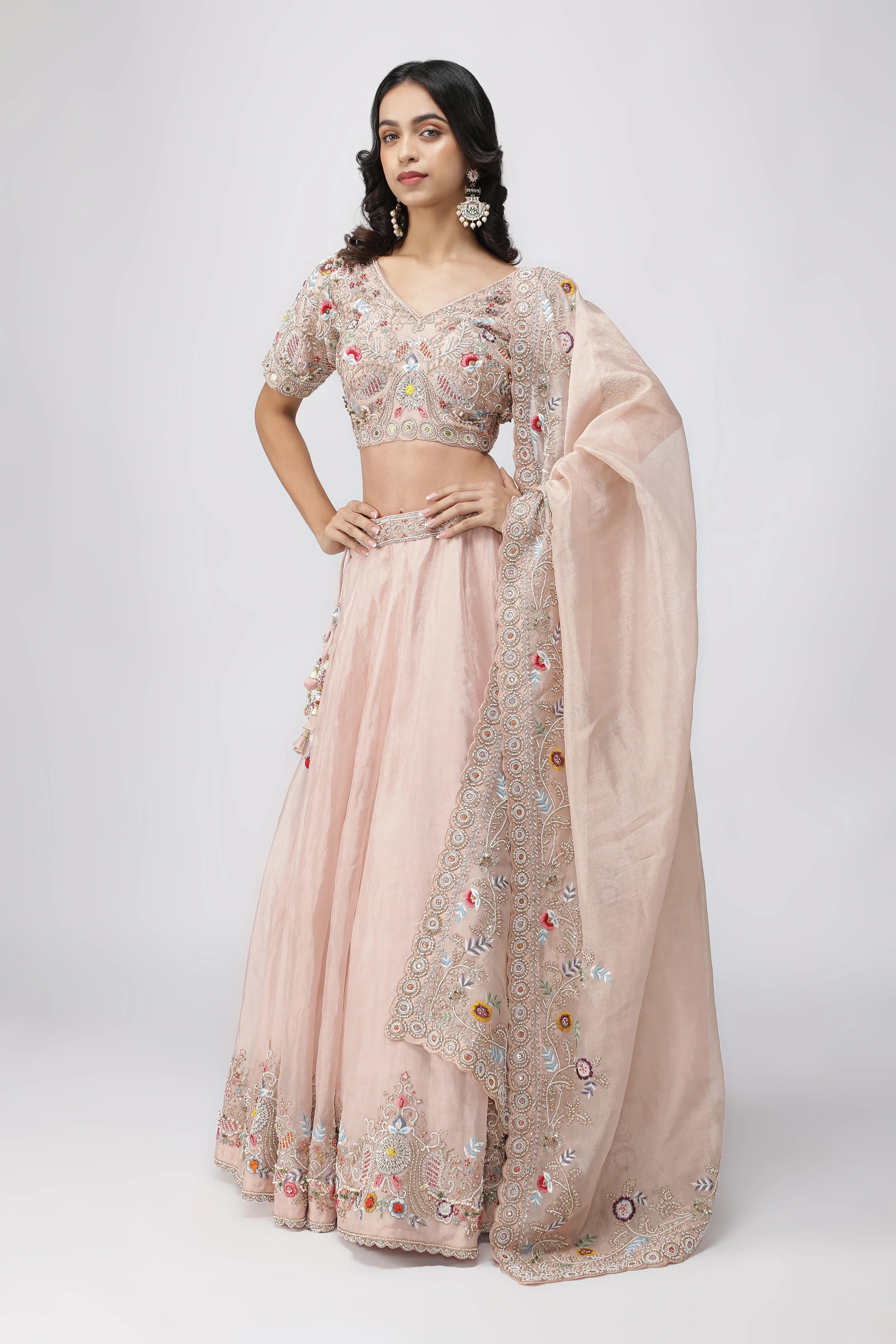 Peach Tissue Organza Lehenga Set - Mokshaa
