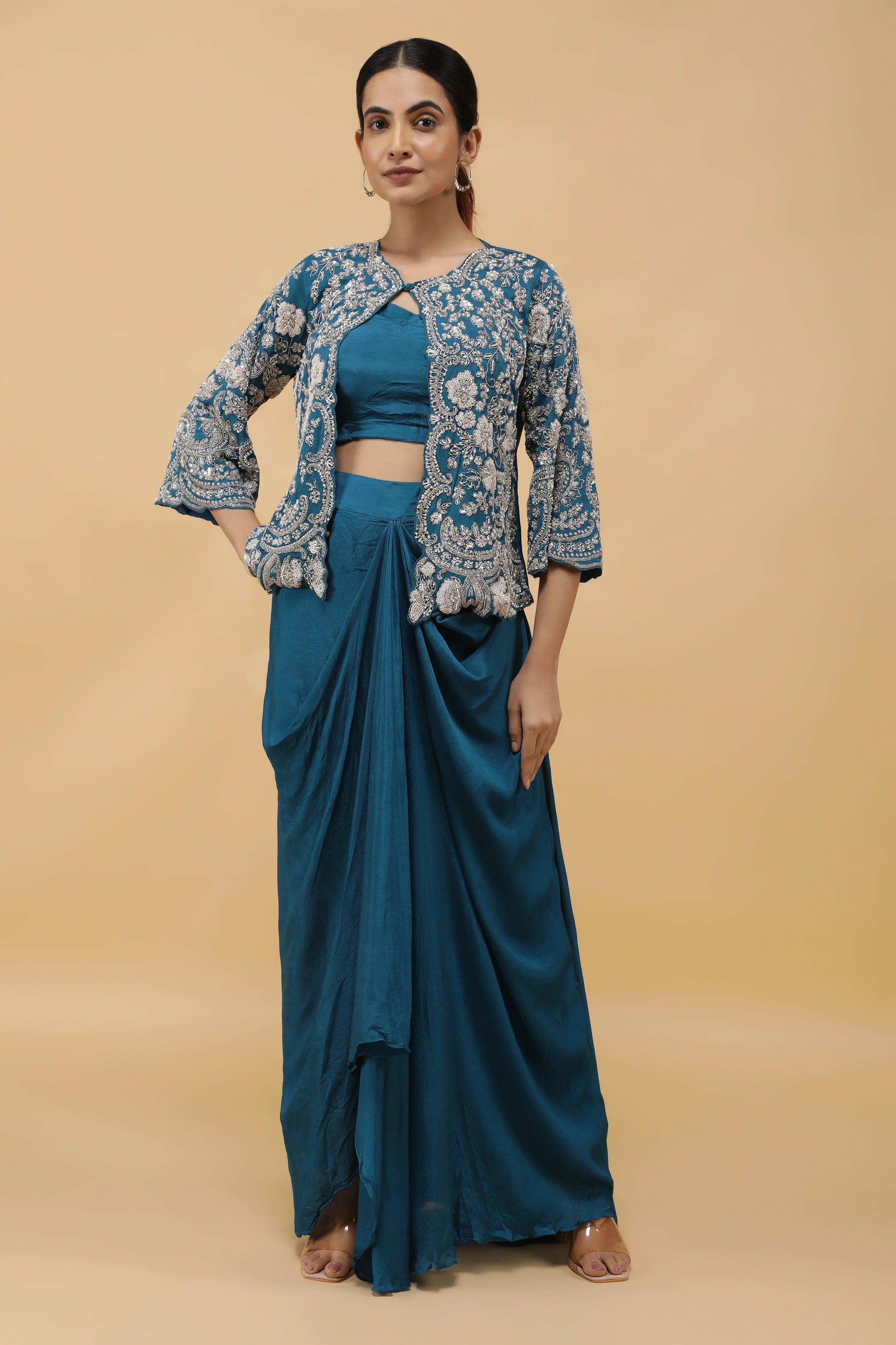 Royal Azure Kutdana Embroidered Crop Top, Draped Skirt & Jacket Set - Mokshaa