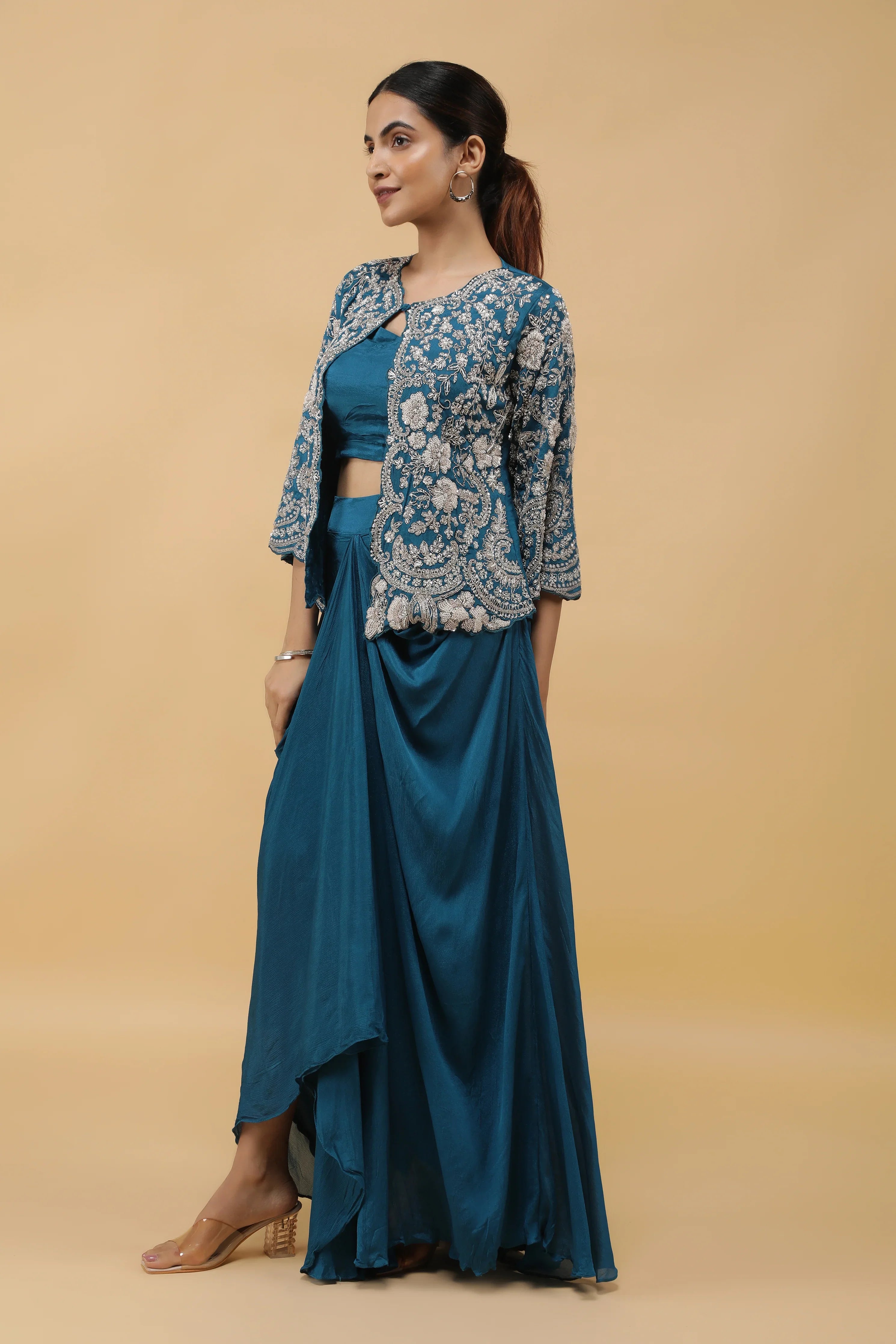 Royal Azure Kutdana Embroidered Crop Top, Draped Skirt & Jacket Set - Mokshaa