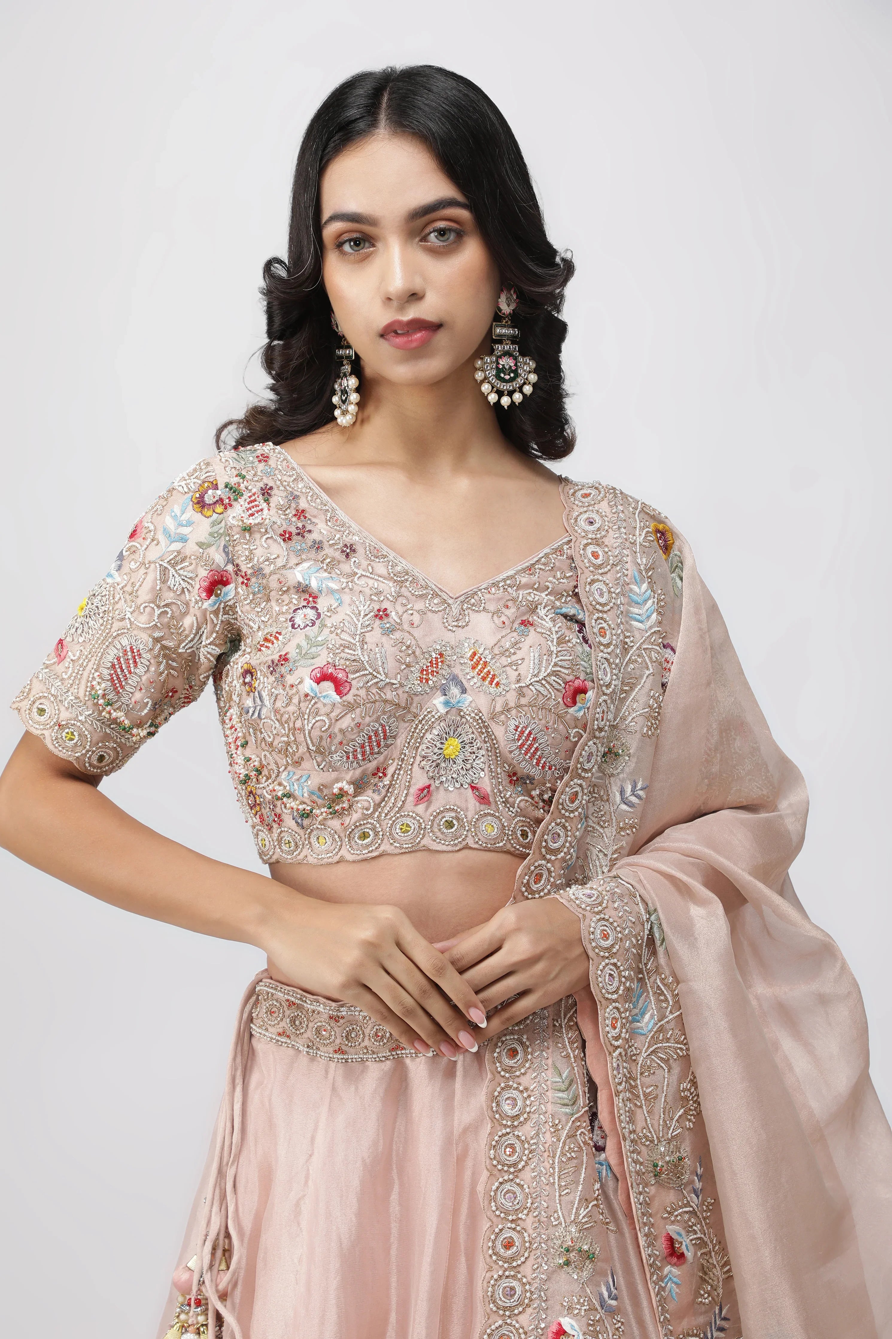Peach Tissue Organza Lehenga Set - Mokshaa