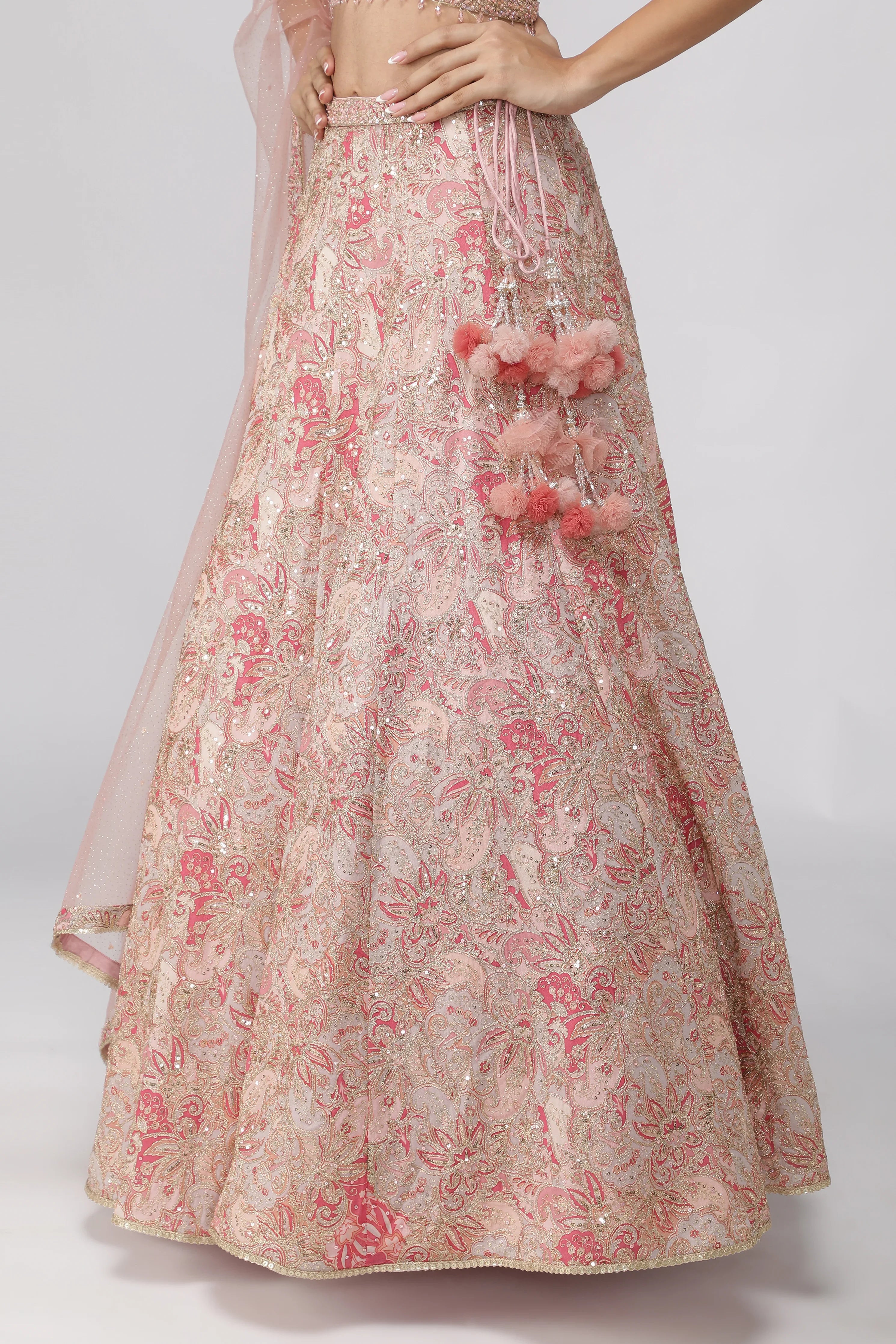 Peach Printed Georgette Lehenga Set with Net Dupatta - Mokshaa