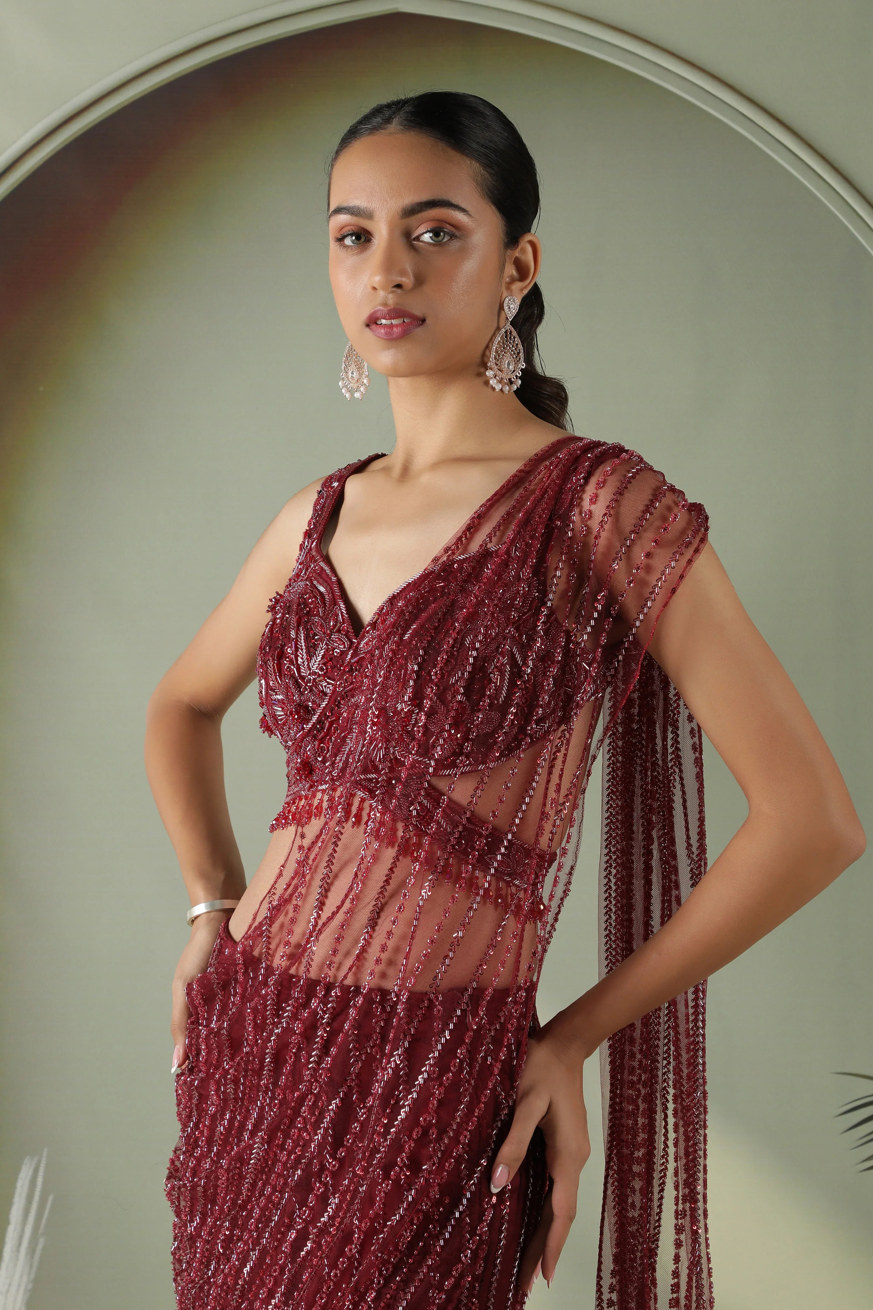 Wine Red Mermaid Cut Draped Net Skirt Set - Mokshaa