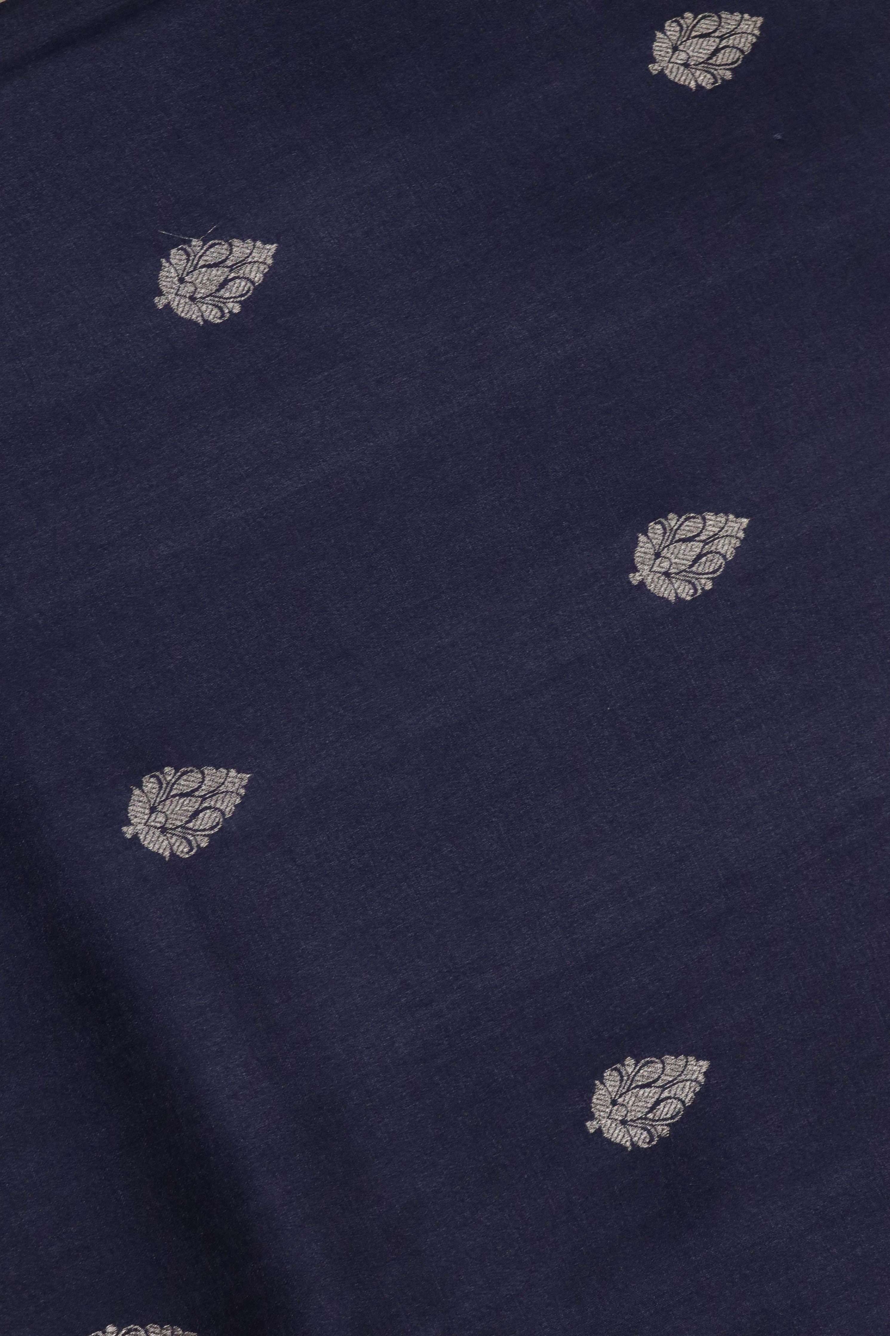 Dark Blue Tussar Silk Saree with Silver Zari Motifs & Satin Printed Border - Mokshaa