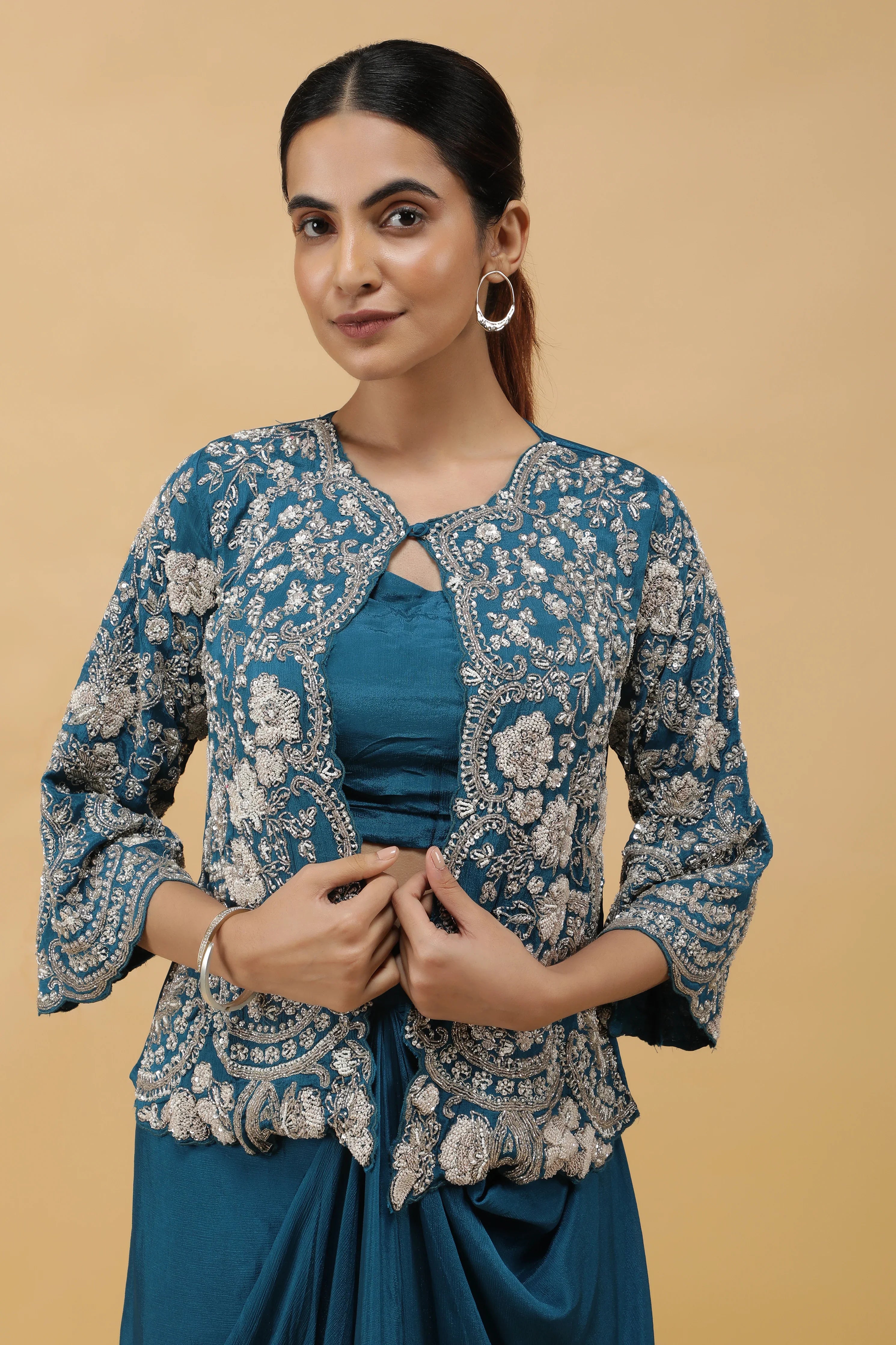 Royal Azure Kutdana Embroidered Crop Top, Draped Skirt & Jacket Set - Mokshaa