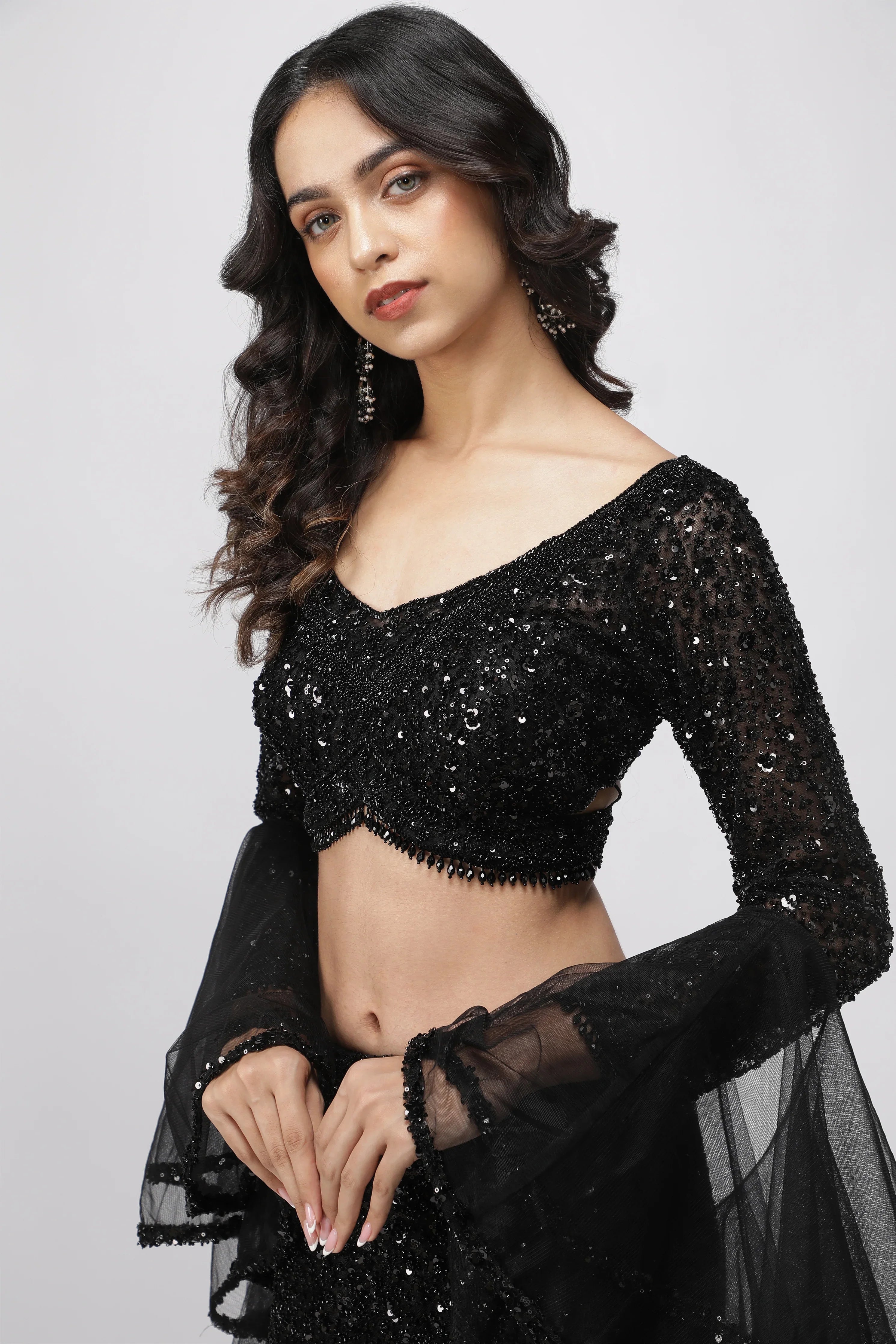Black Net Sequin Embroidered Lehenga Set with Cape - Mokshaa