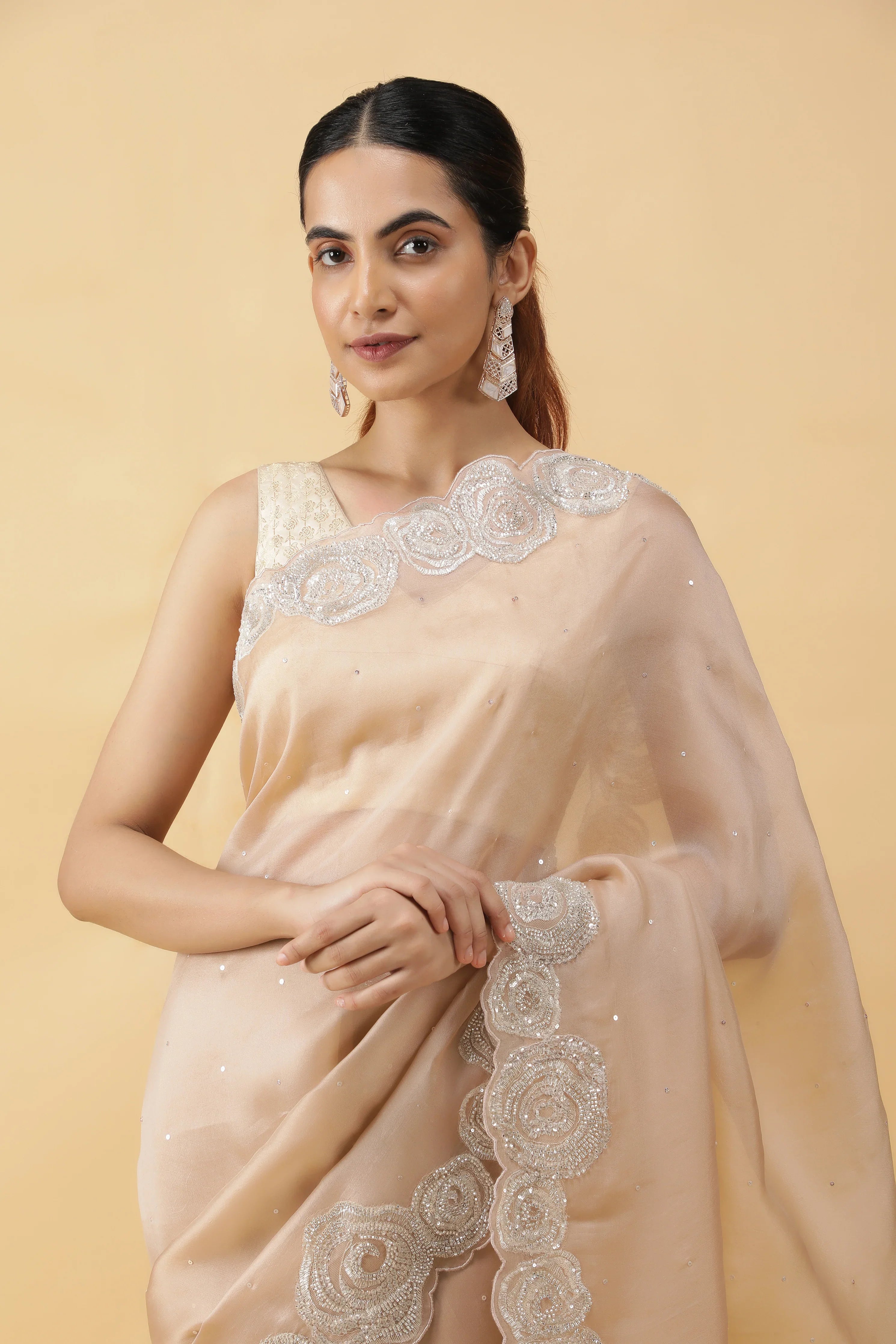 Ivory Silk Organza Saree with Sequins & Bead Border - Mokshaa