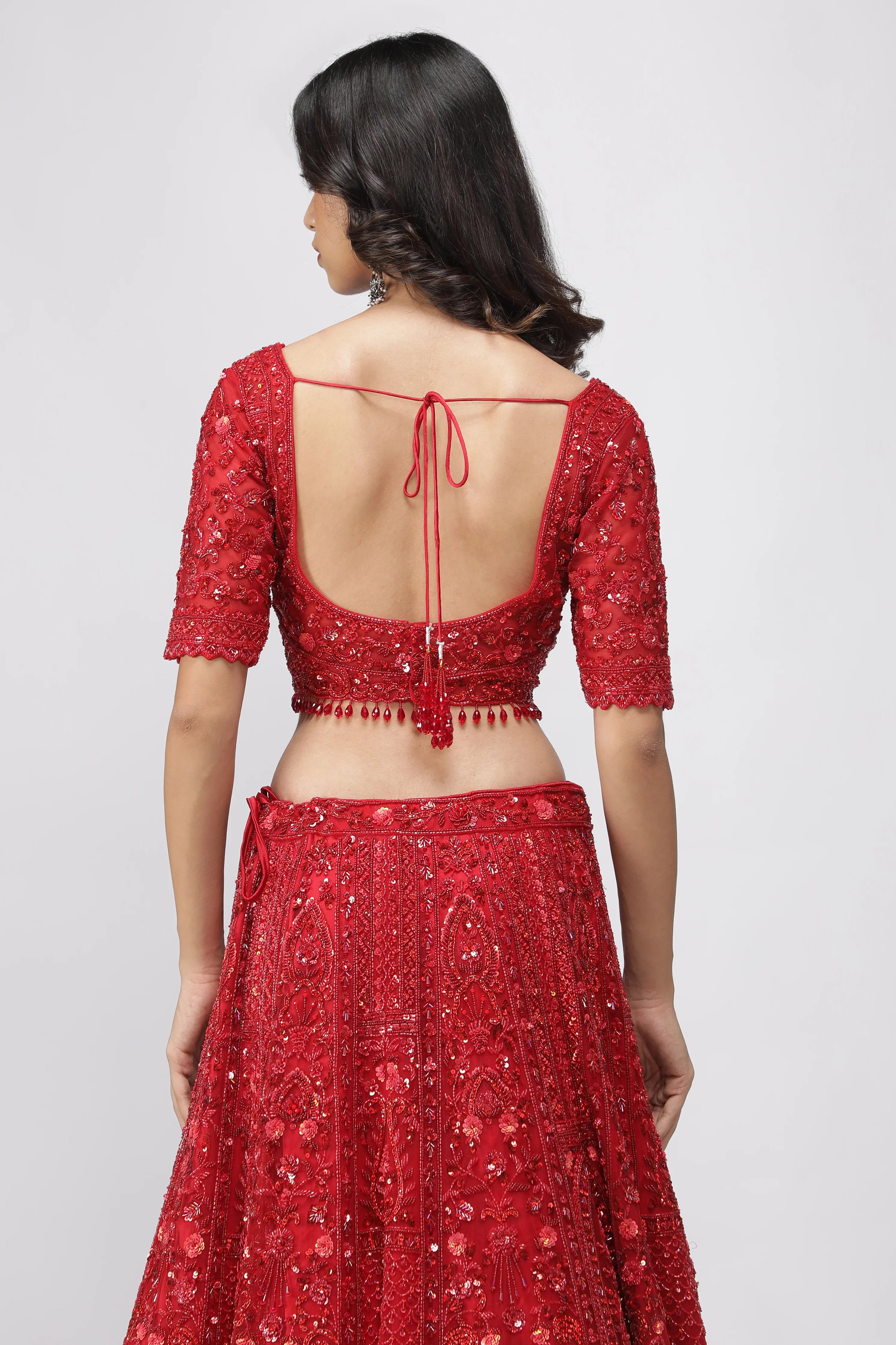 Red Net Sequin Embroidered Bridal Lehenga Set - Mokshaa