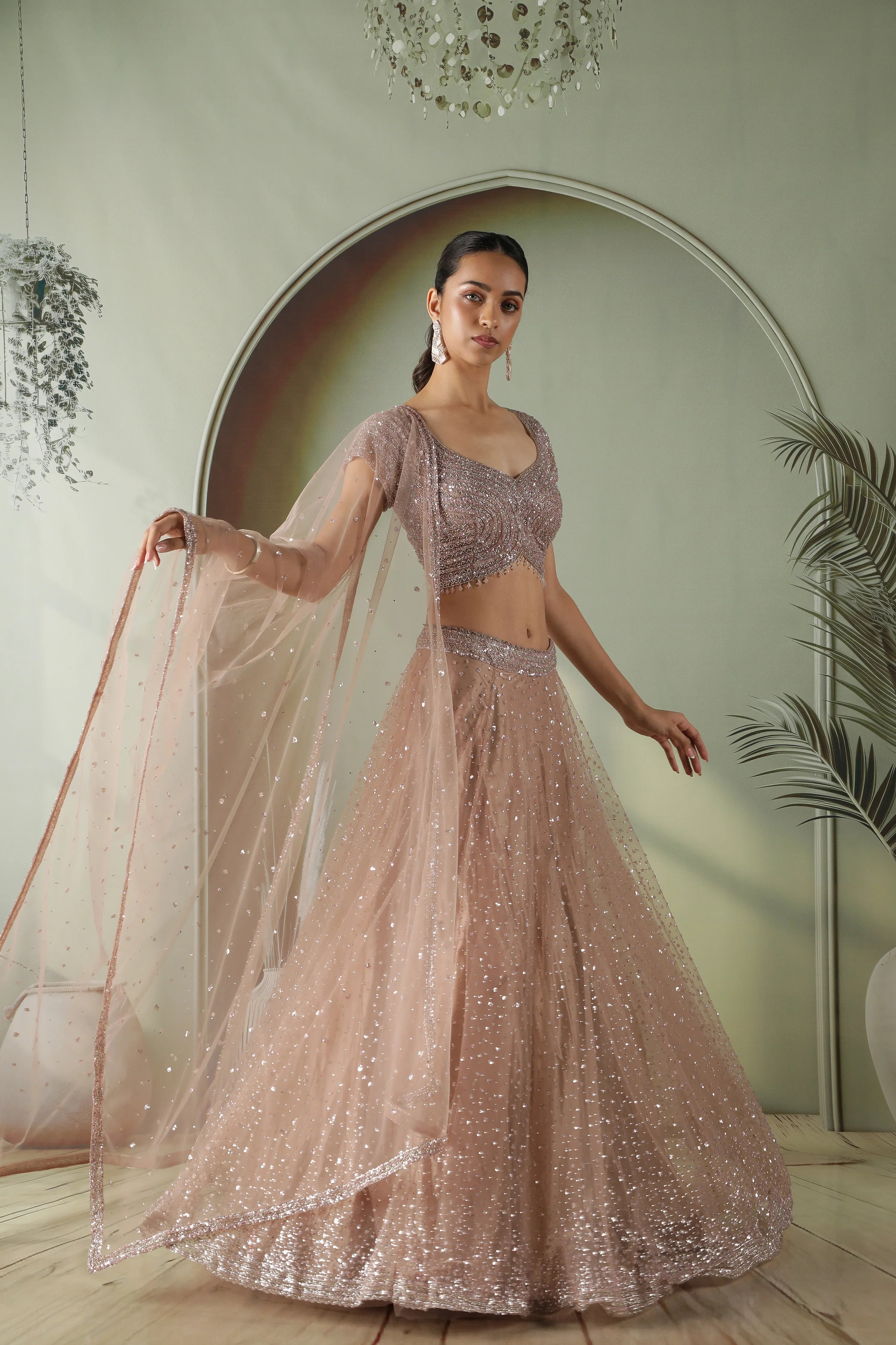 Dusty Mauve Net Lehenga Set - Mokshaa