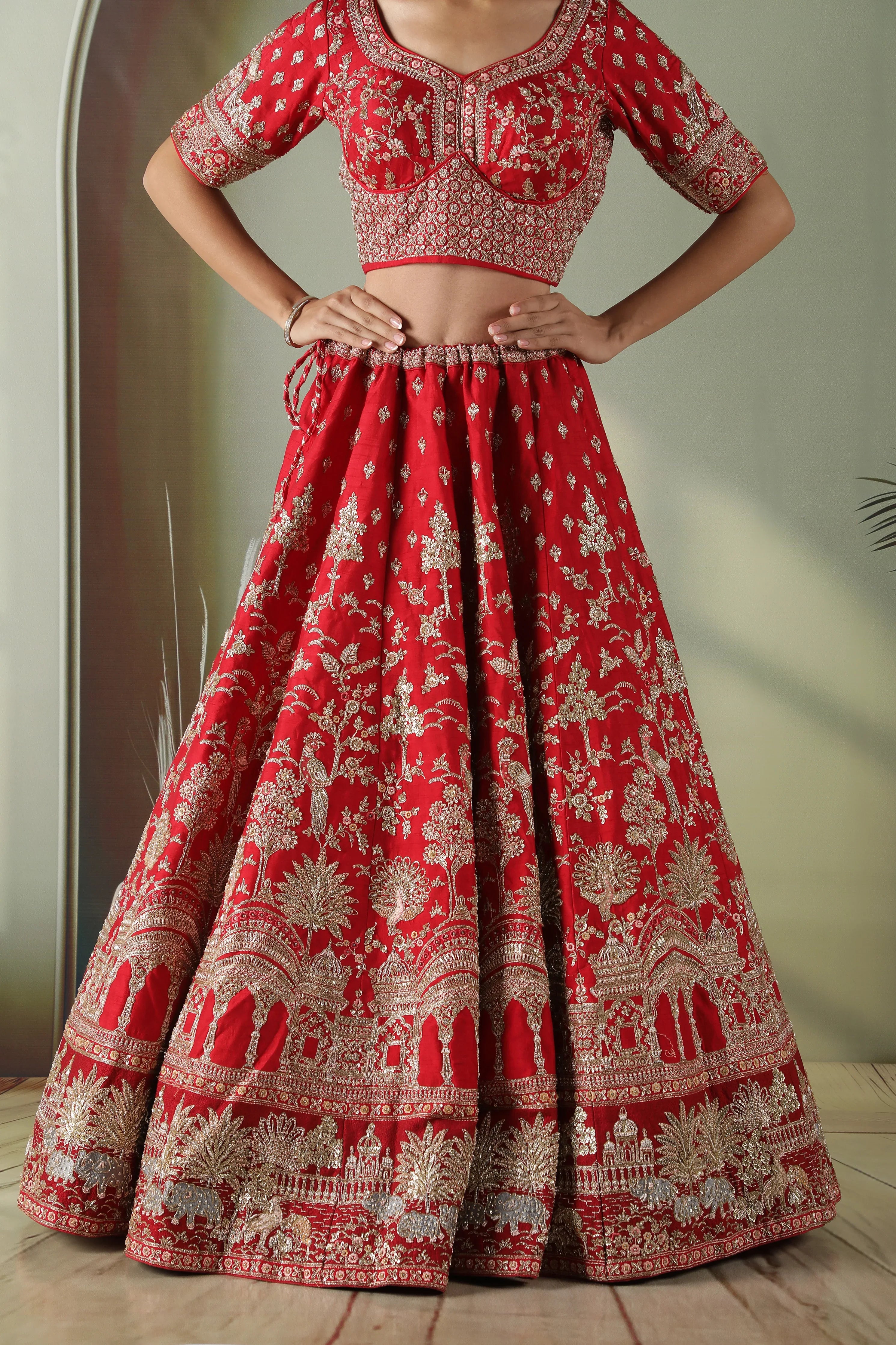 Scarlet Red Raw Silk Bridal Lehenga Set - Mokshaa