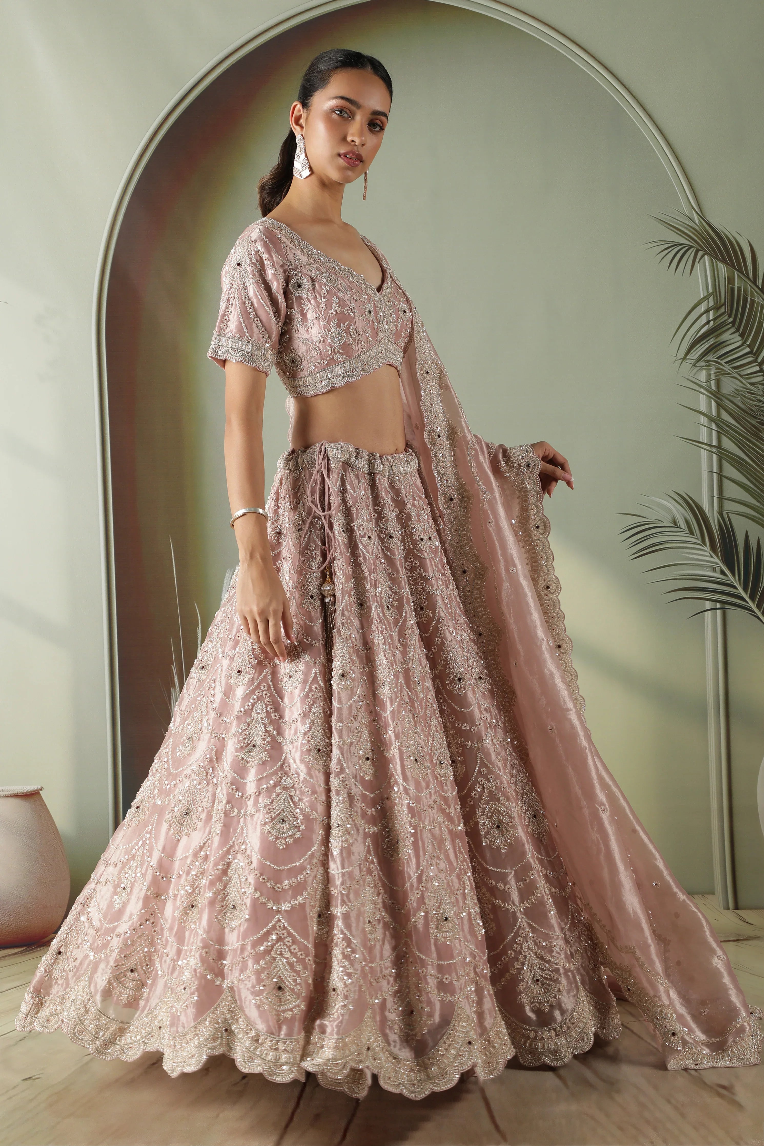 Blush Pink Tissue Organza Lehenga Set - Mokshaa