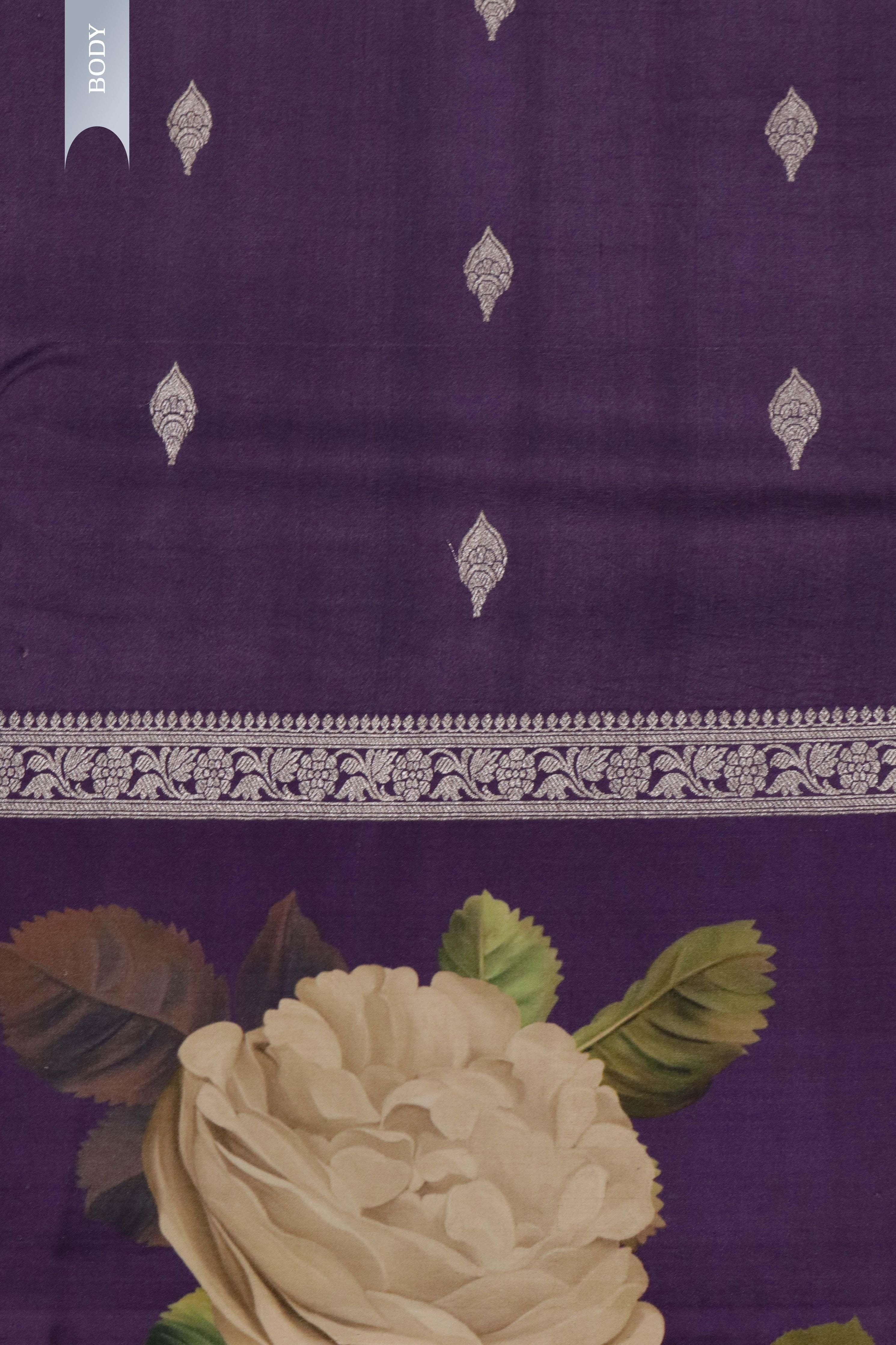 Purple Tussar Silk Saree with Silver Zari Motifs & Printed Border - Mokshaa