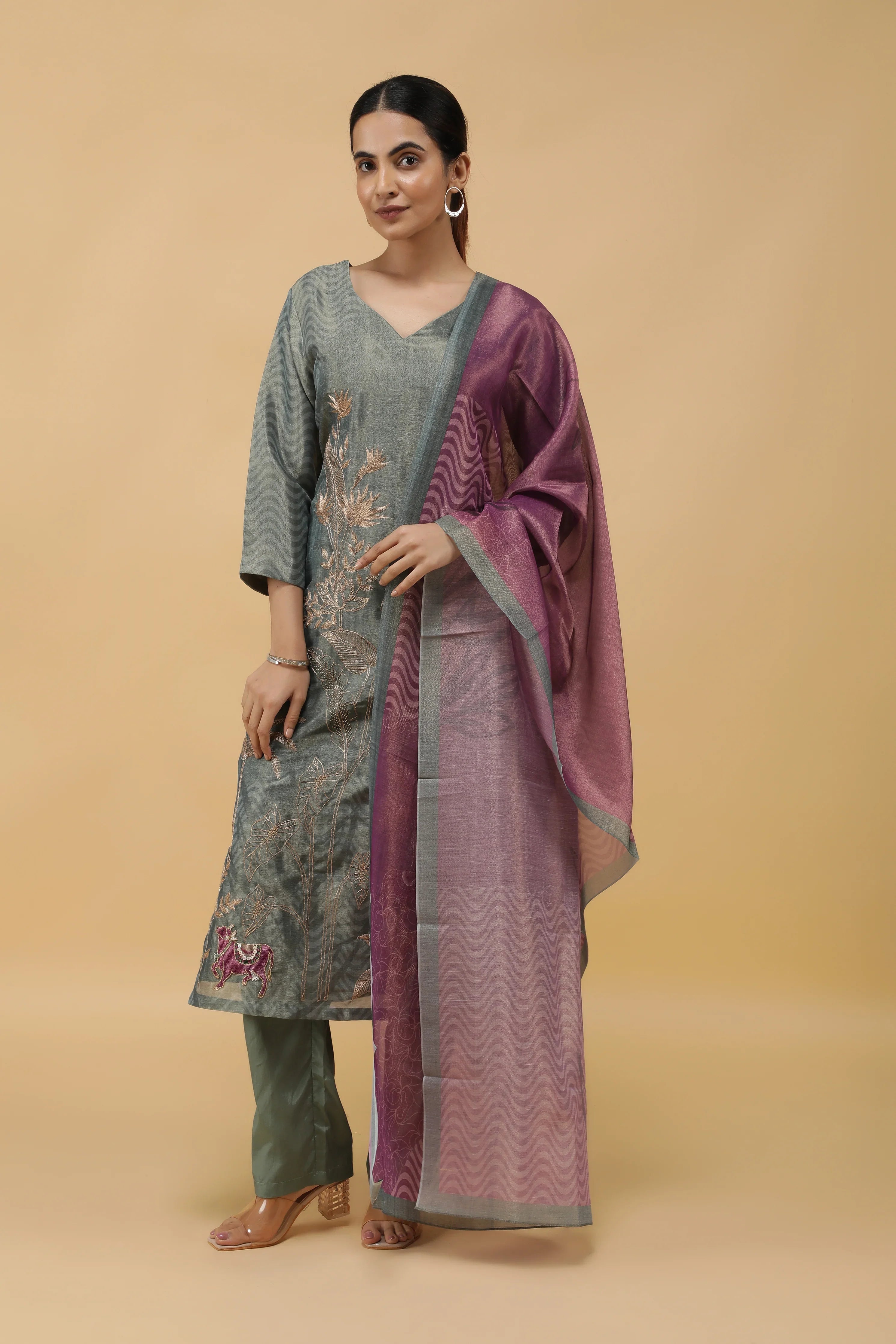 Botanical Bliss Zari-Pearl Embroidered Printed Tissue Salwar Set - Mokshaa