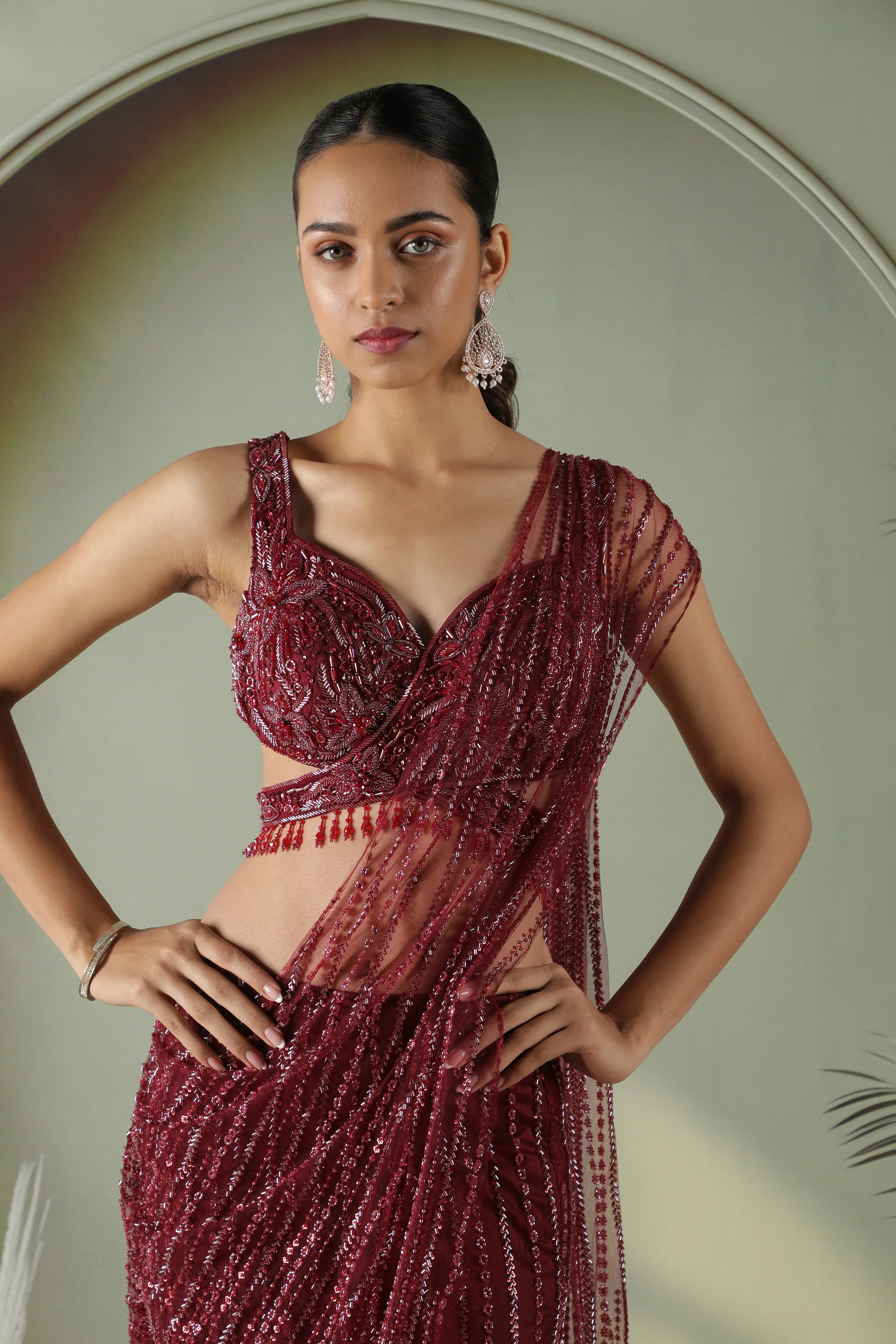 Wine Red Mermaid Cut Draped Net Skirt Set - Mokshaa