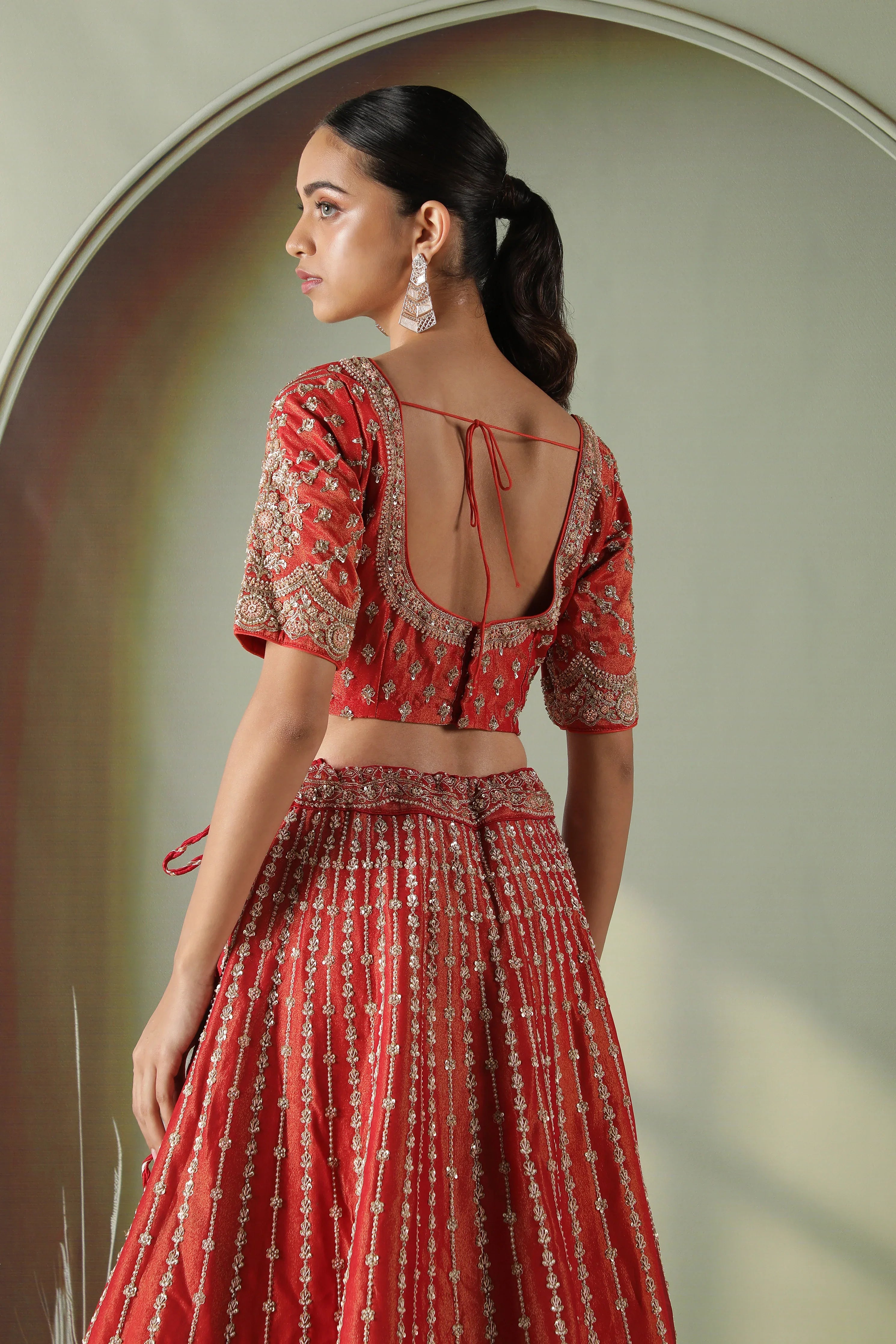 Rust Tissue Silk Bridal Lehenga Set - Mokshaa