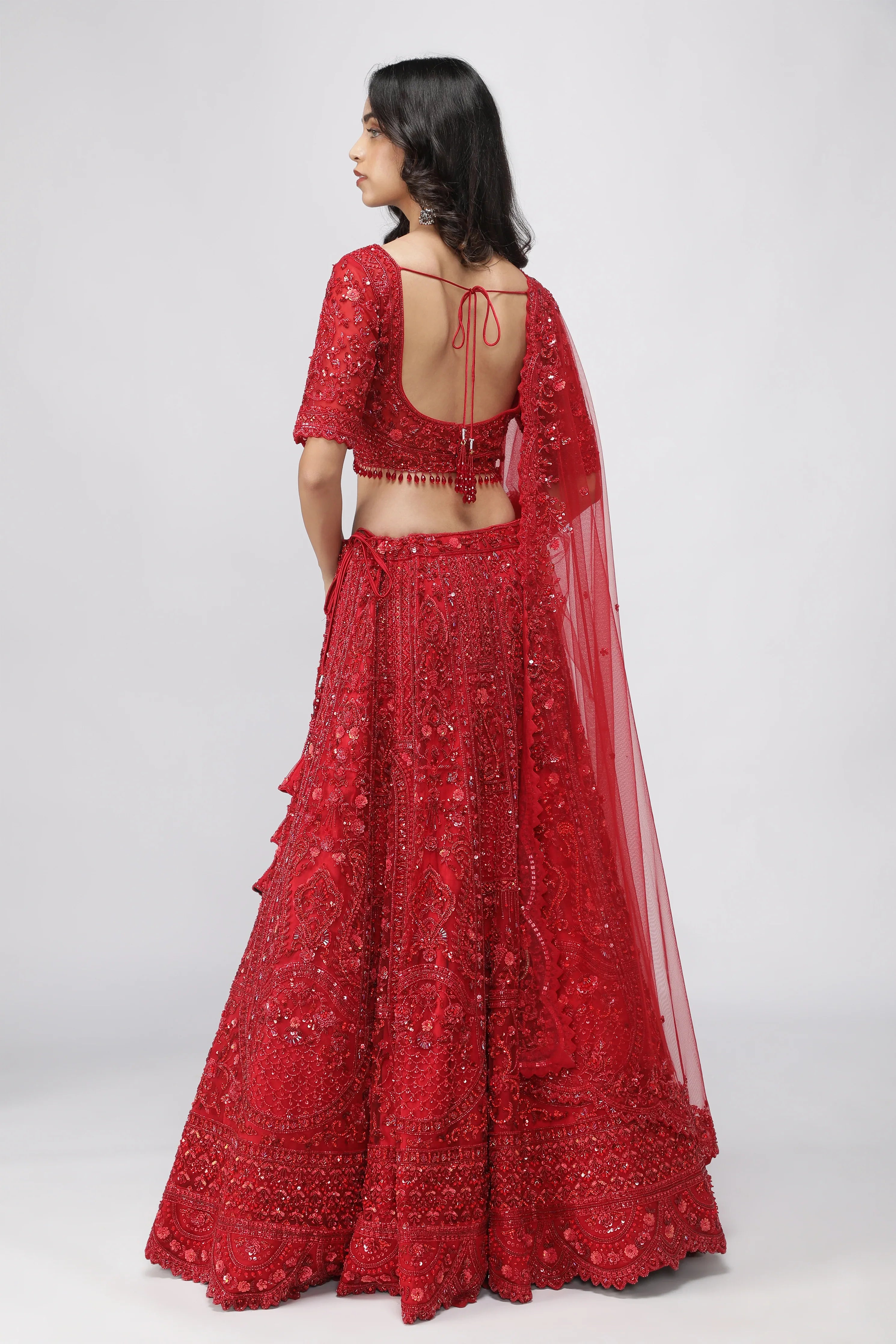 Red Net Sequin Embroidered Bridal Lehenga Set - Mokshaa
