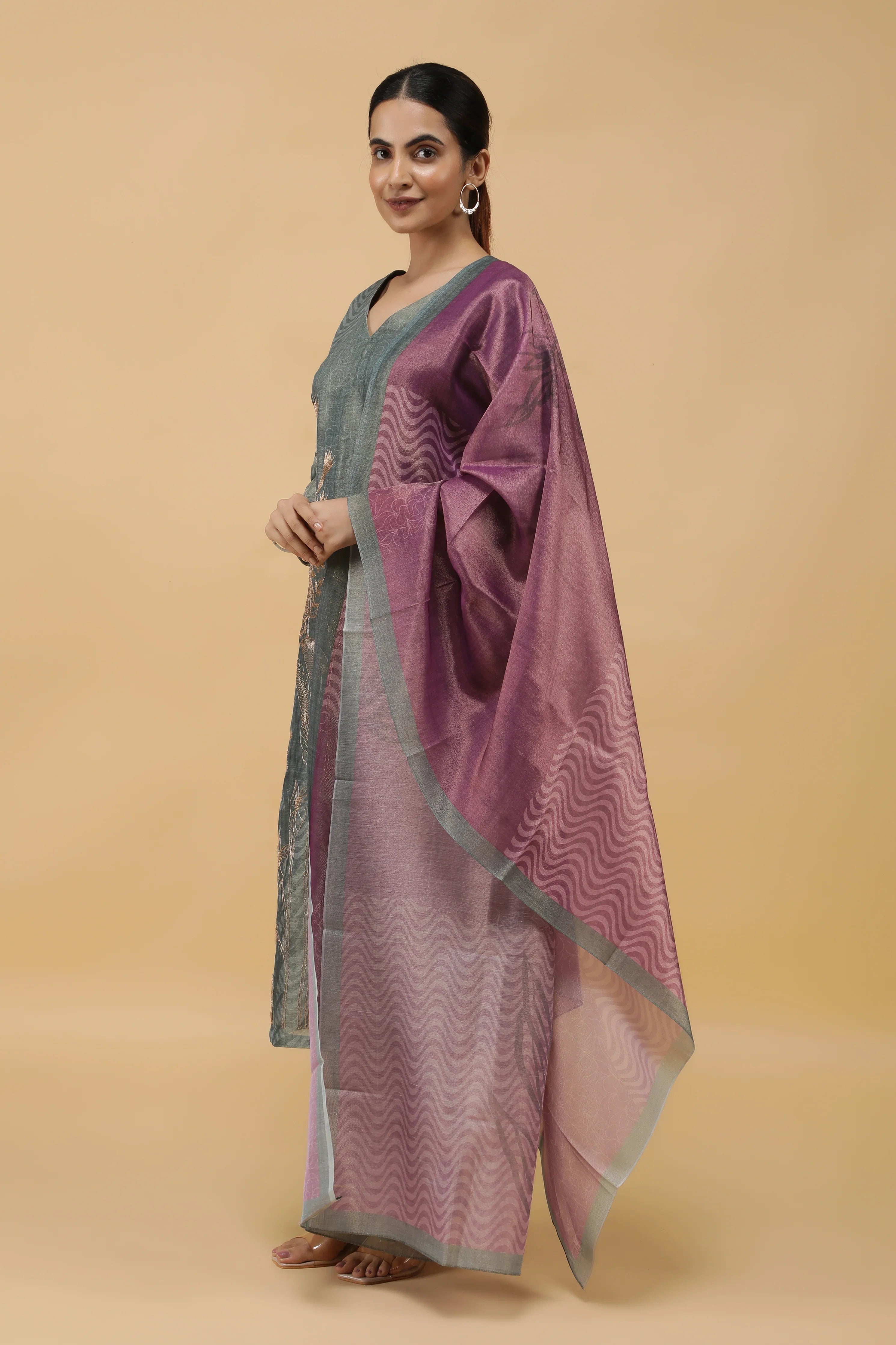 Botanical Bliss Zari-Pearl Embroidered Printed Tissue Salwar Set - Mokshaa