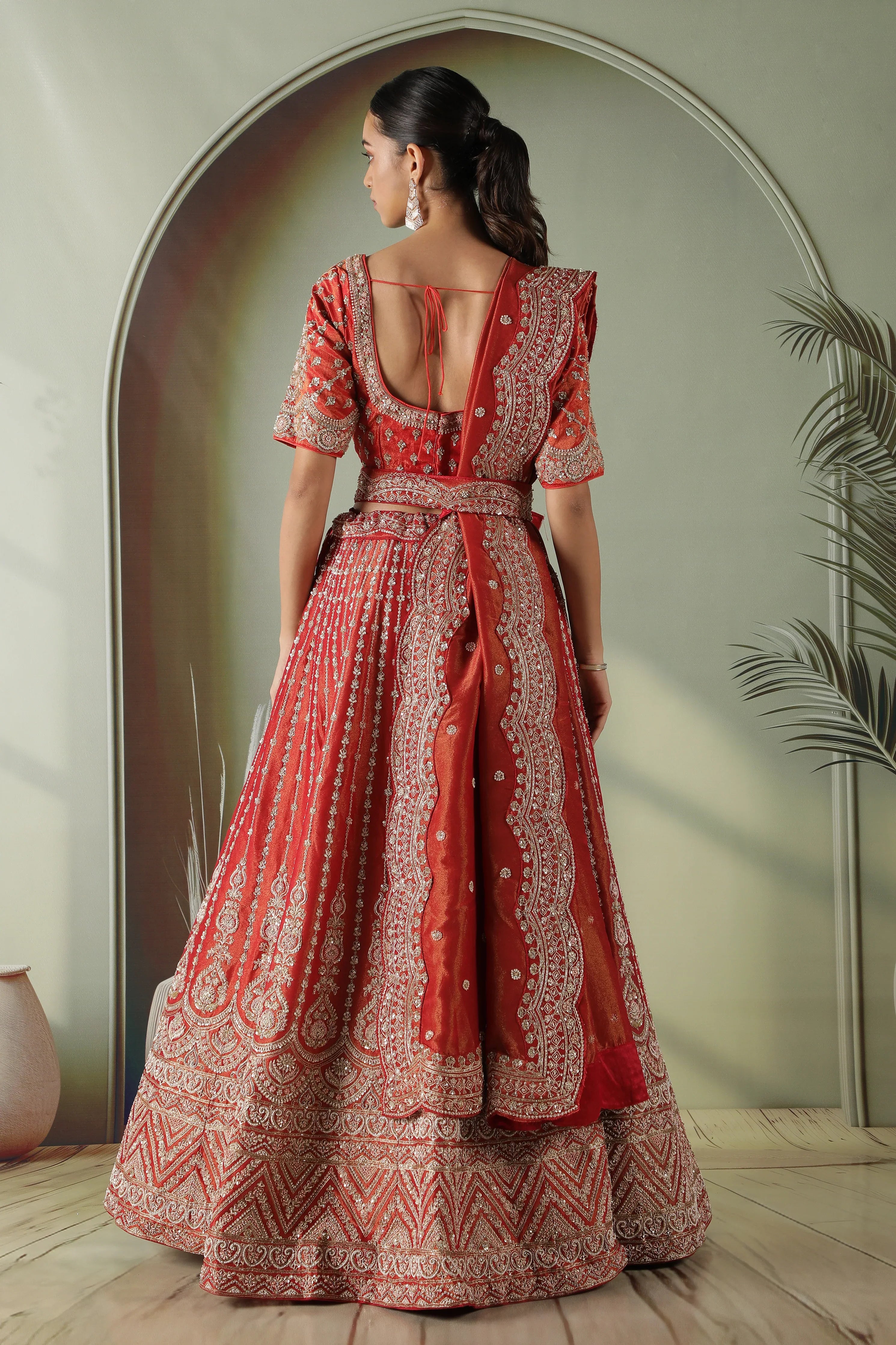 Rust Tissue Silk Bridal Lehenga Set - Mokshaa