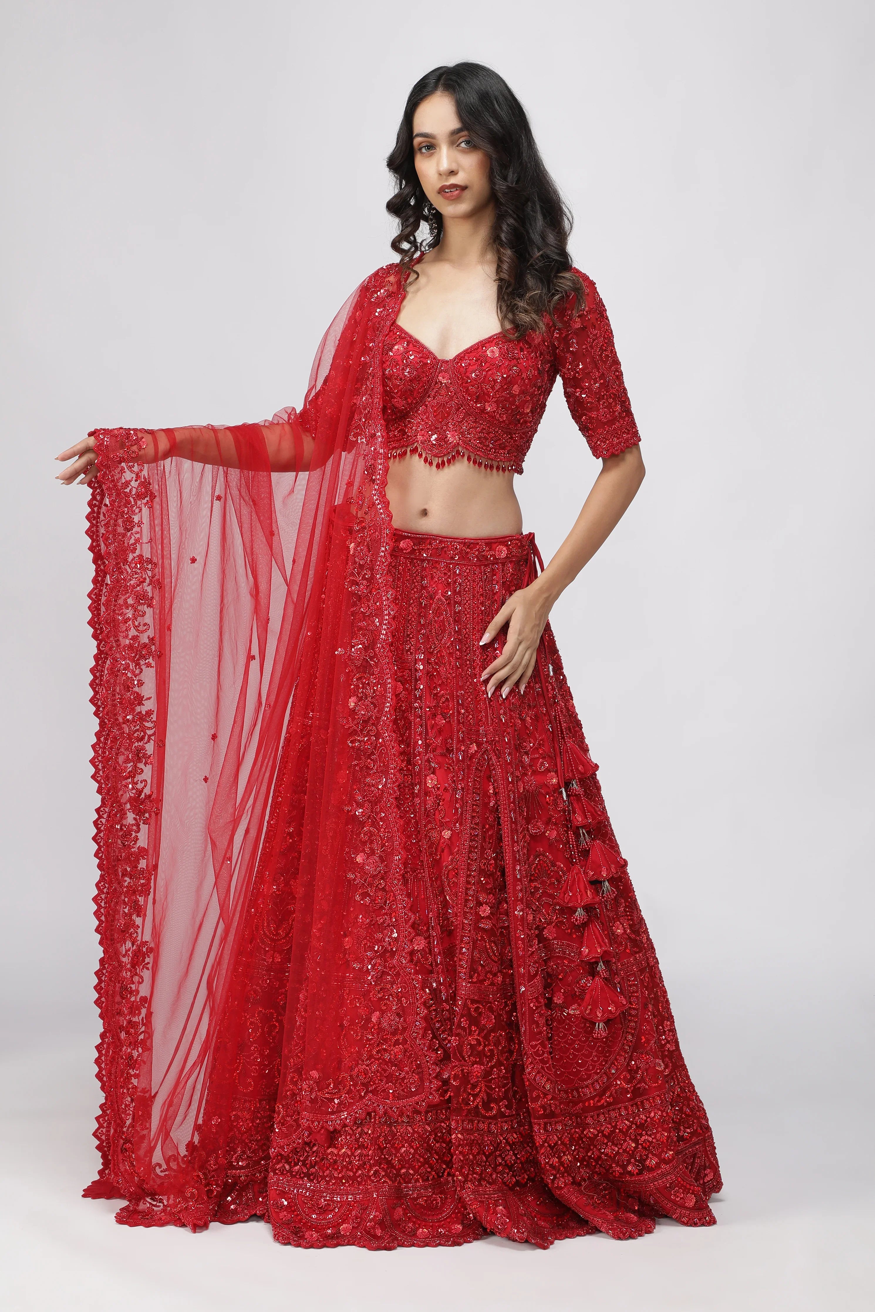 Red Net Sequin Embroidered Bridal Lehenga Set - Mokshaa
