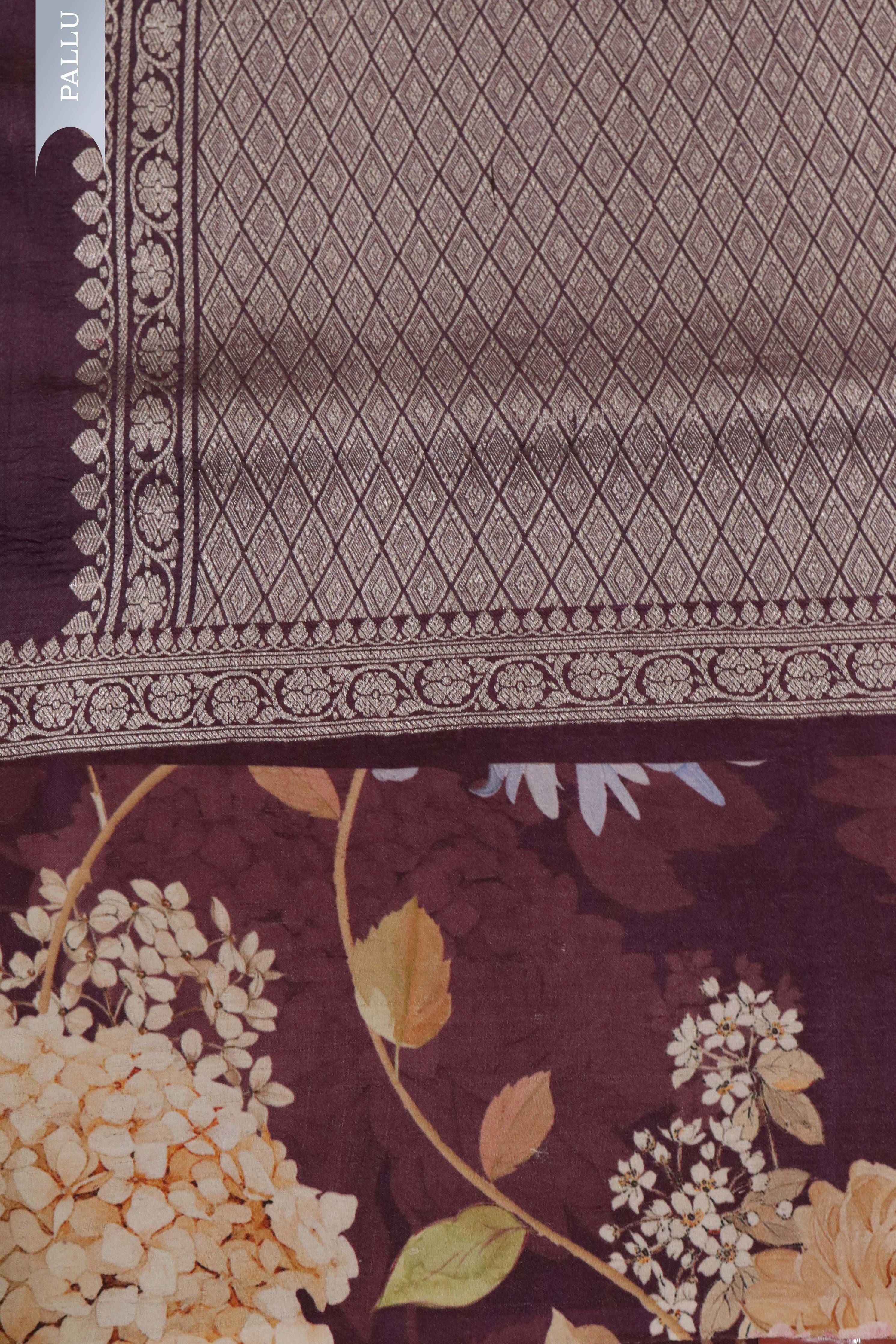 Wine Tussar Silk Saree with Silver Zari Motifs & Printed Border - Mokshaa