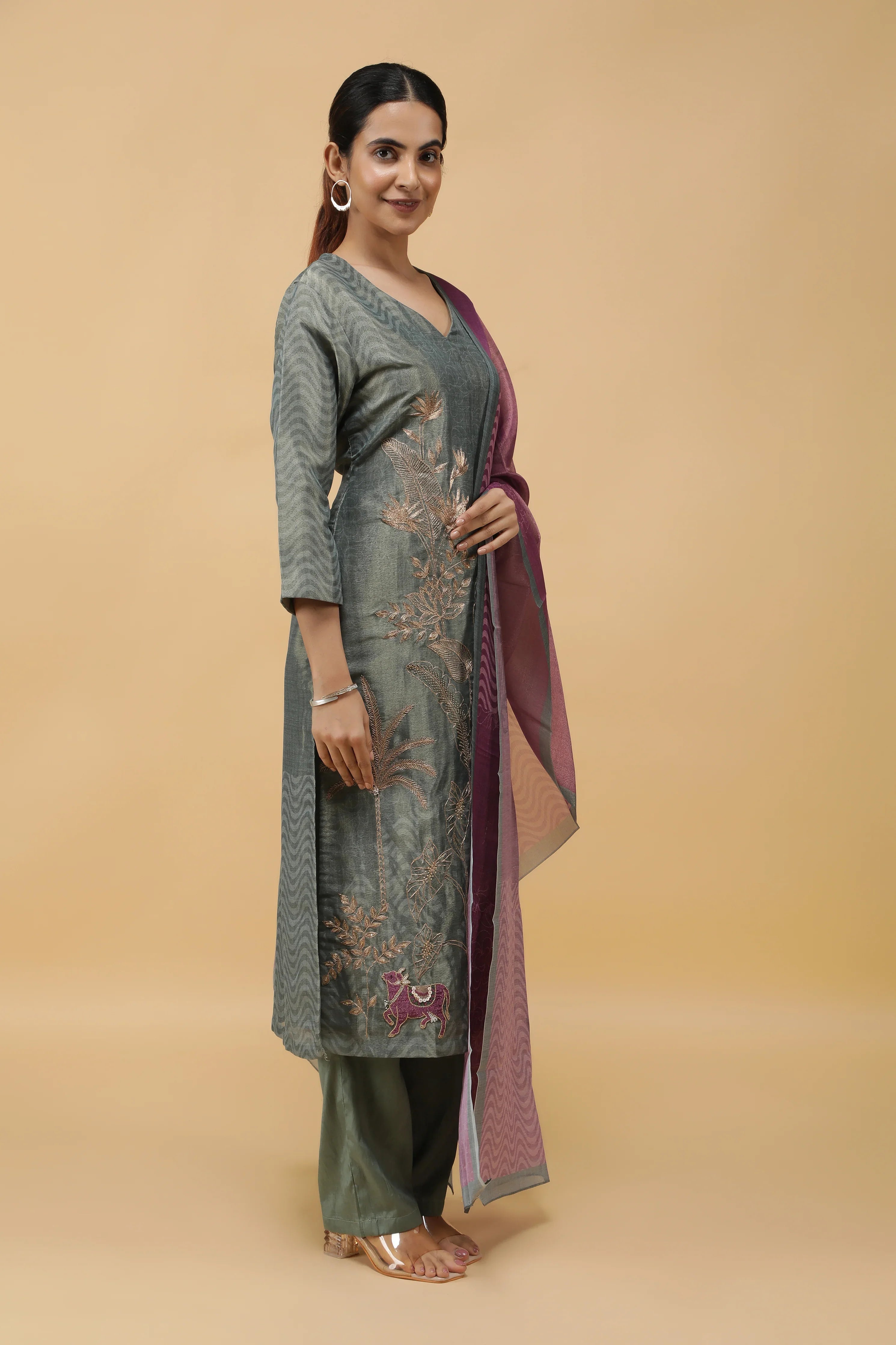 Botanical Bliss Zari-Pearl Embroidered Printed Tissue Salwar Set - Mokshaa