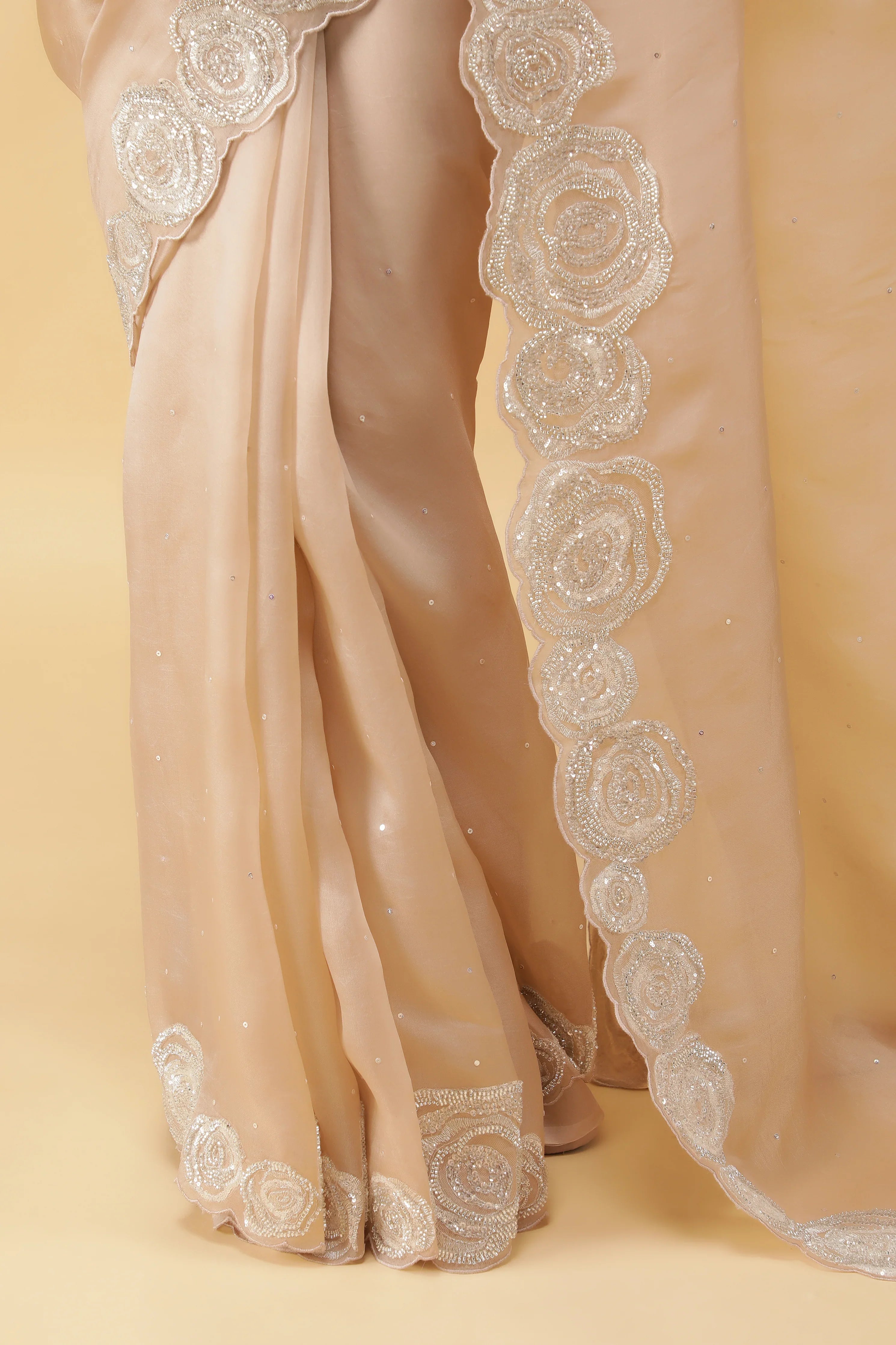 Ivory Silk Organza Saree with Sequins & Bead Border - Mokshaa