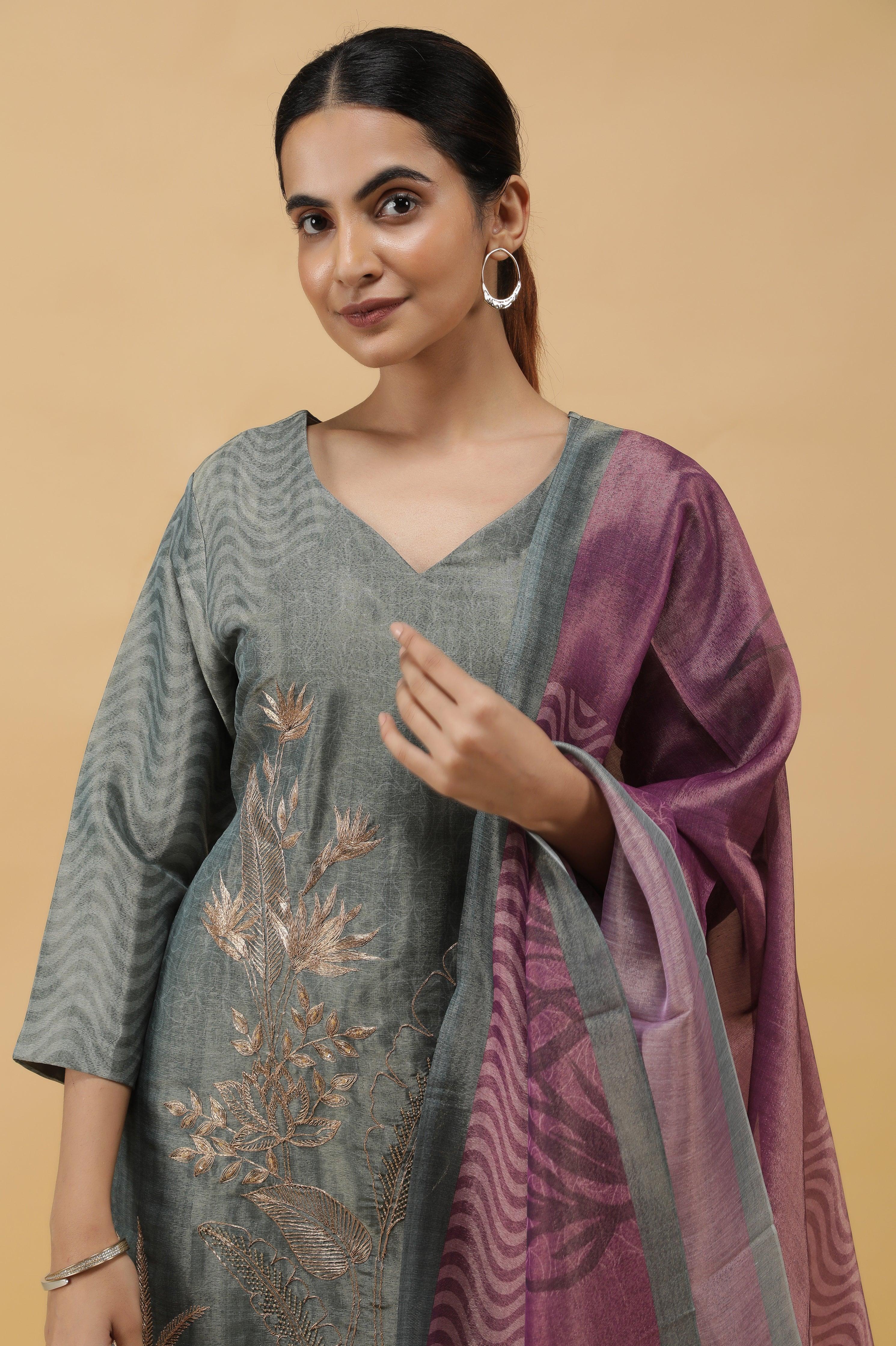Botanical Bliss Zari-Pearl Embroidered Printed Tissue Salwar Set - Mokshaa