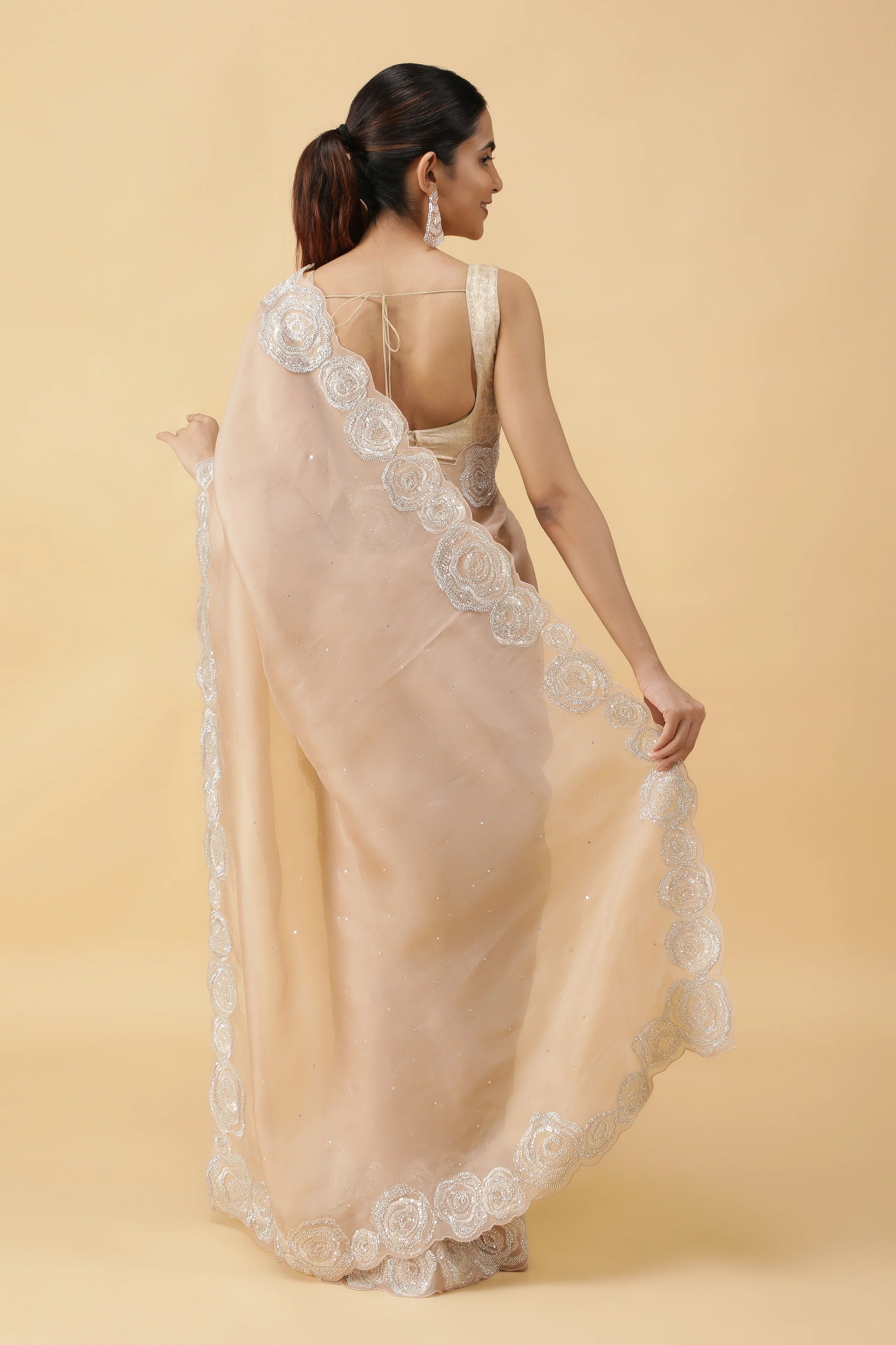 Ivory Silk Organza Saree with Sequins & Bead Border - Mokshaa