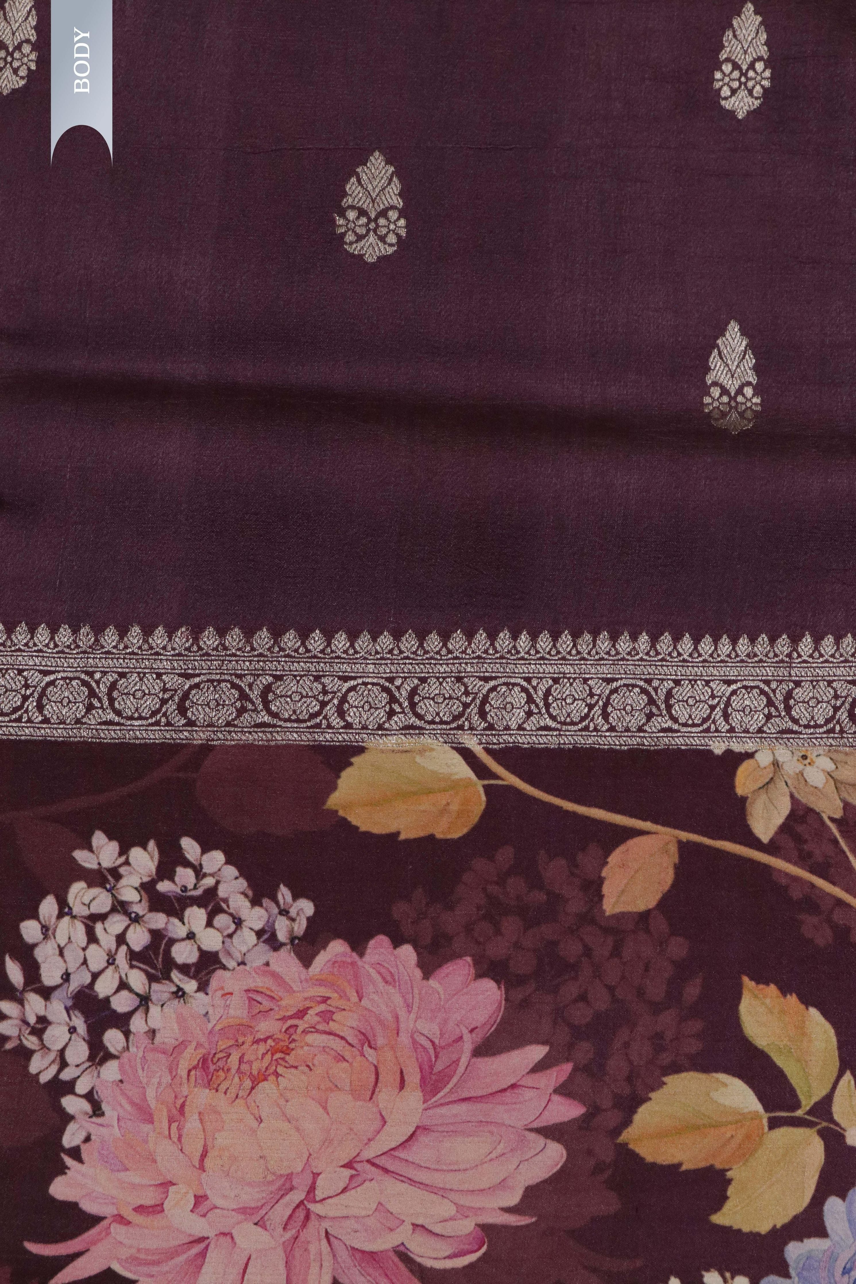 Wine Tussar Silk Saree with Silver Zari Motifs & Printed Border - Mokshaa