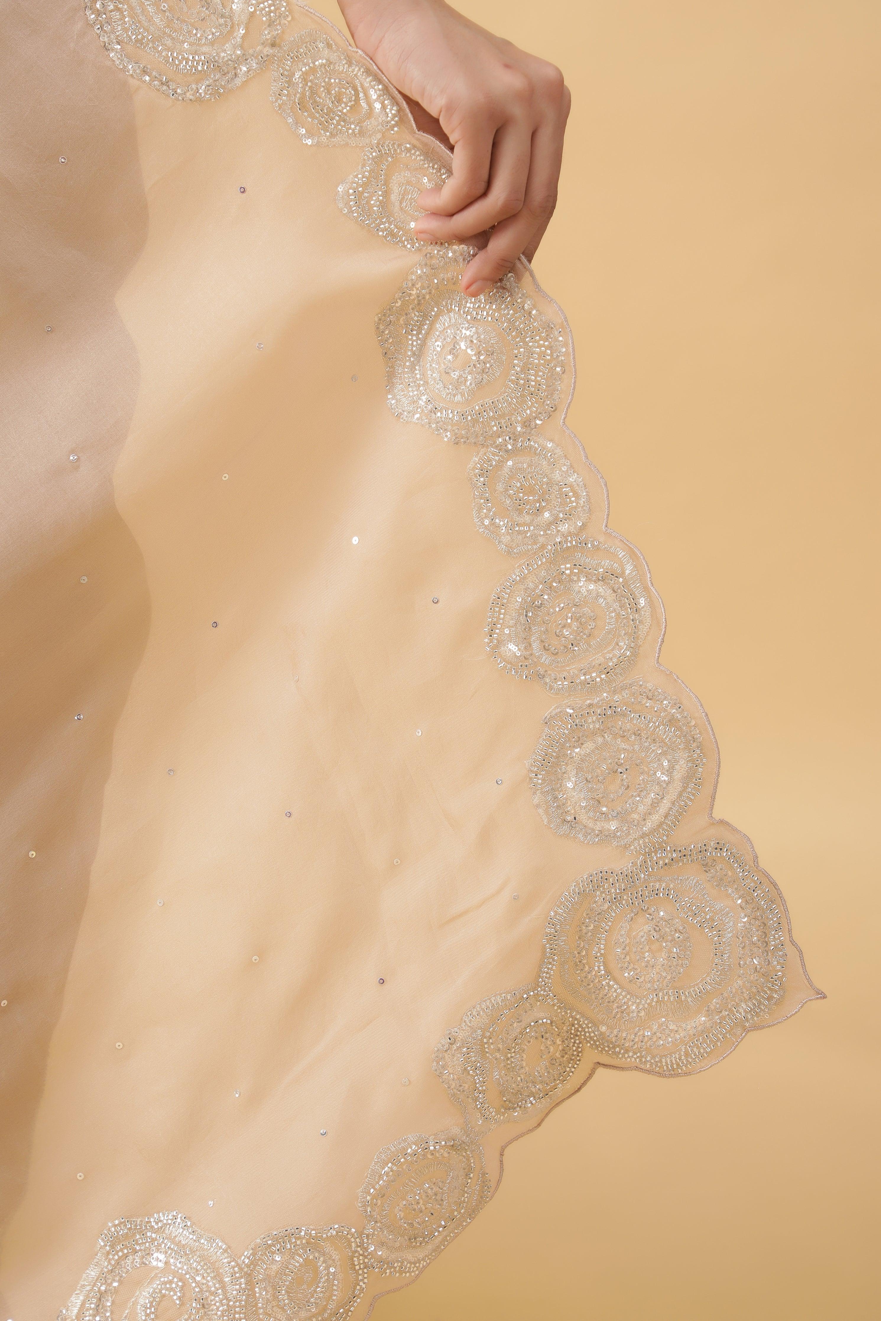 Ivory Silk Organza Saree with Sequins & Bead Border - Mokshaa