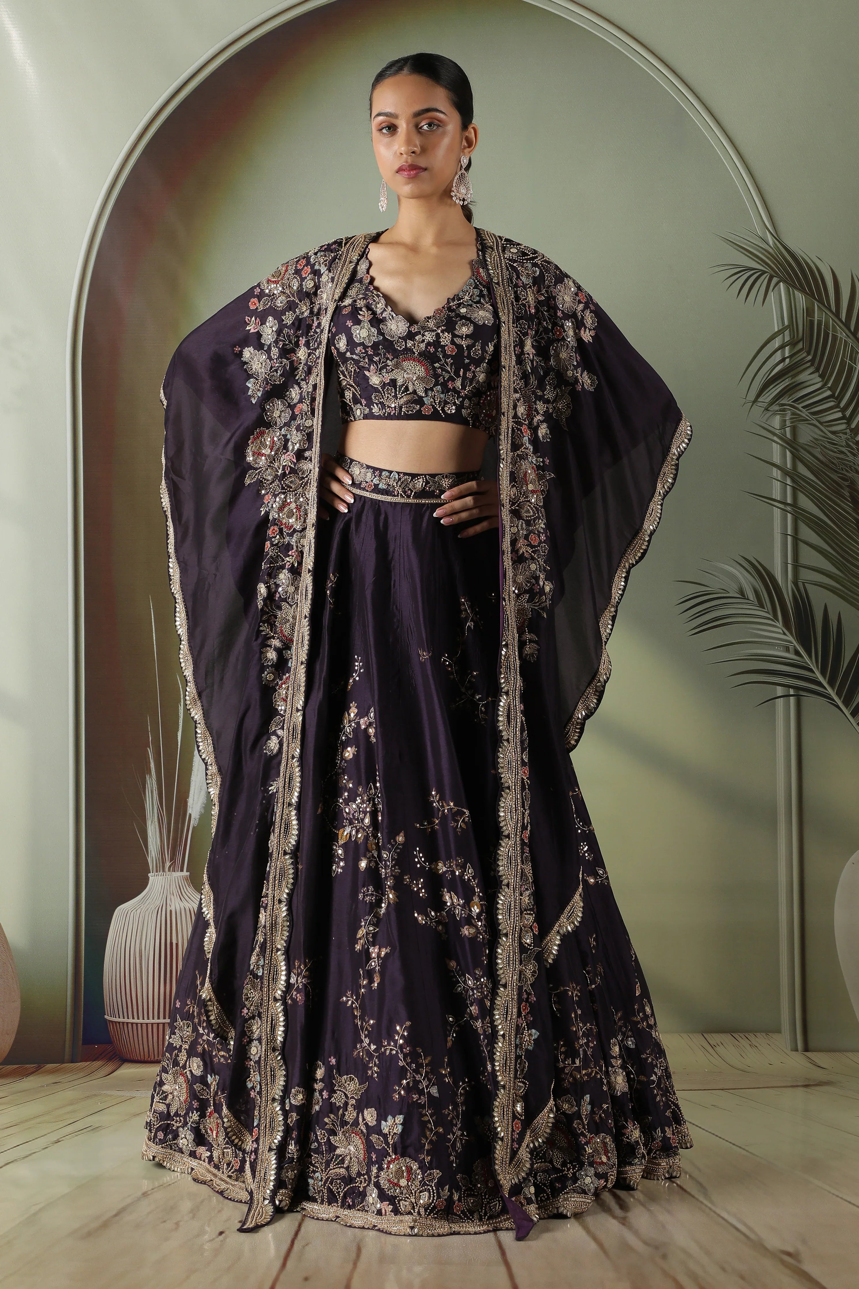 Purple Silk Lehenga with Printed Cape - Mokshaa