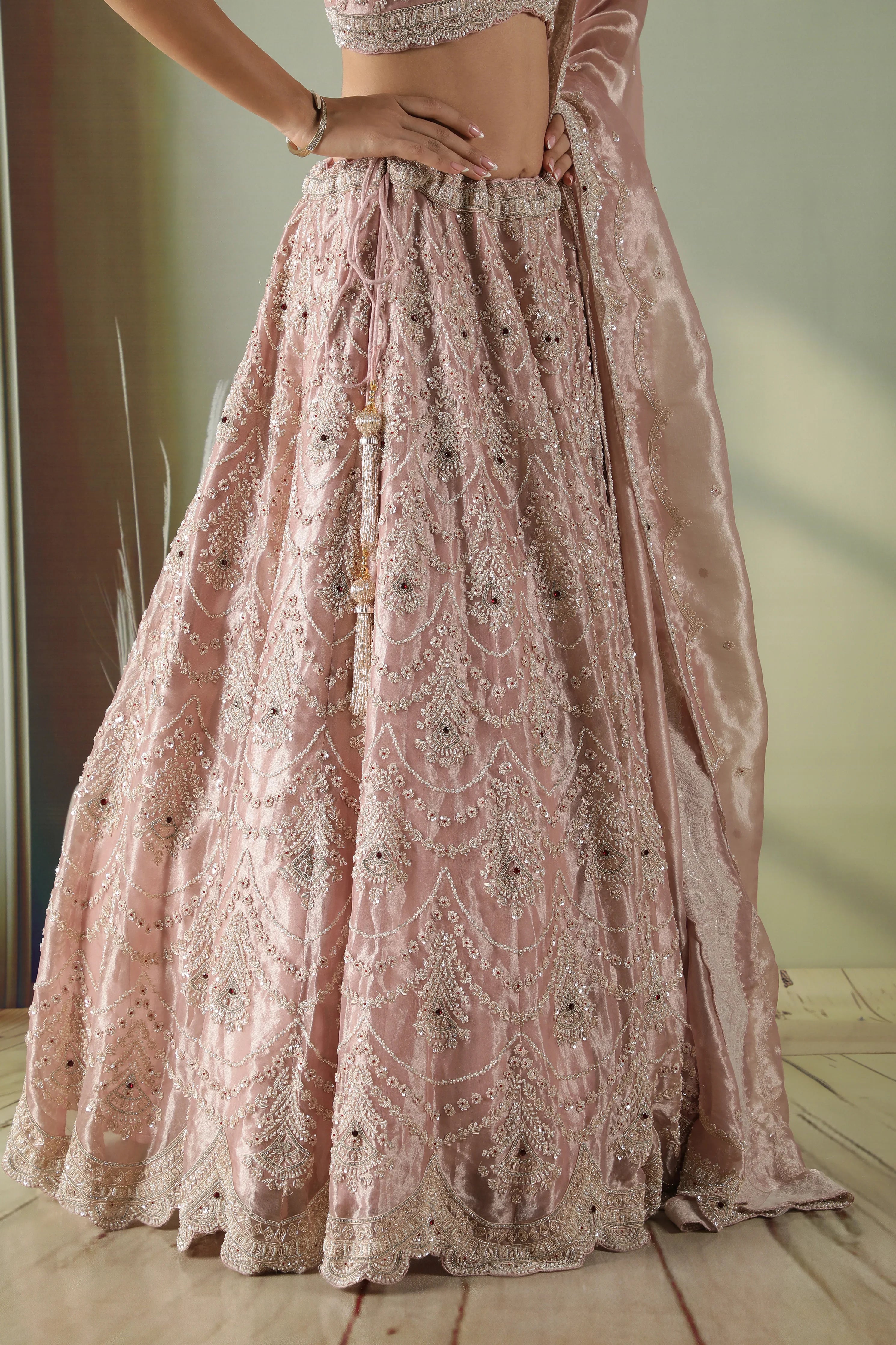 Blush Pink Tissue Organza Lehenga Set - Mokshaa