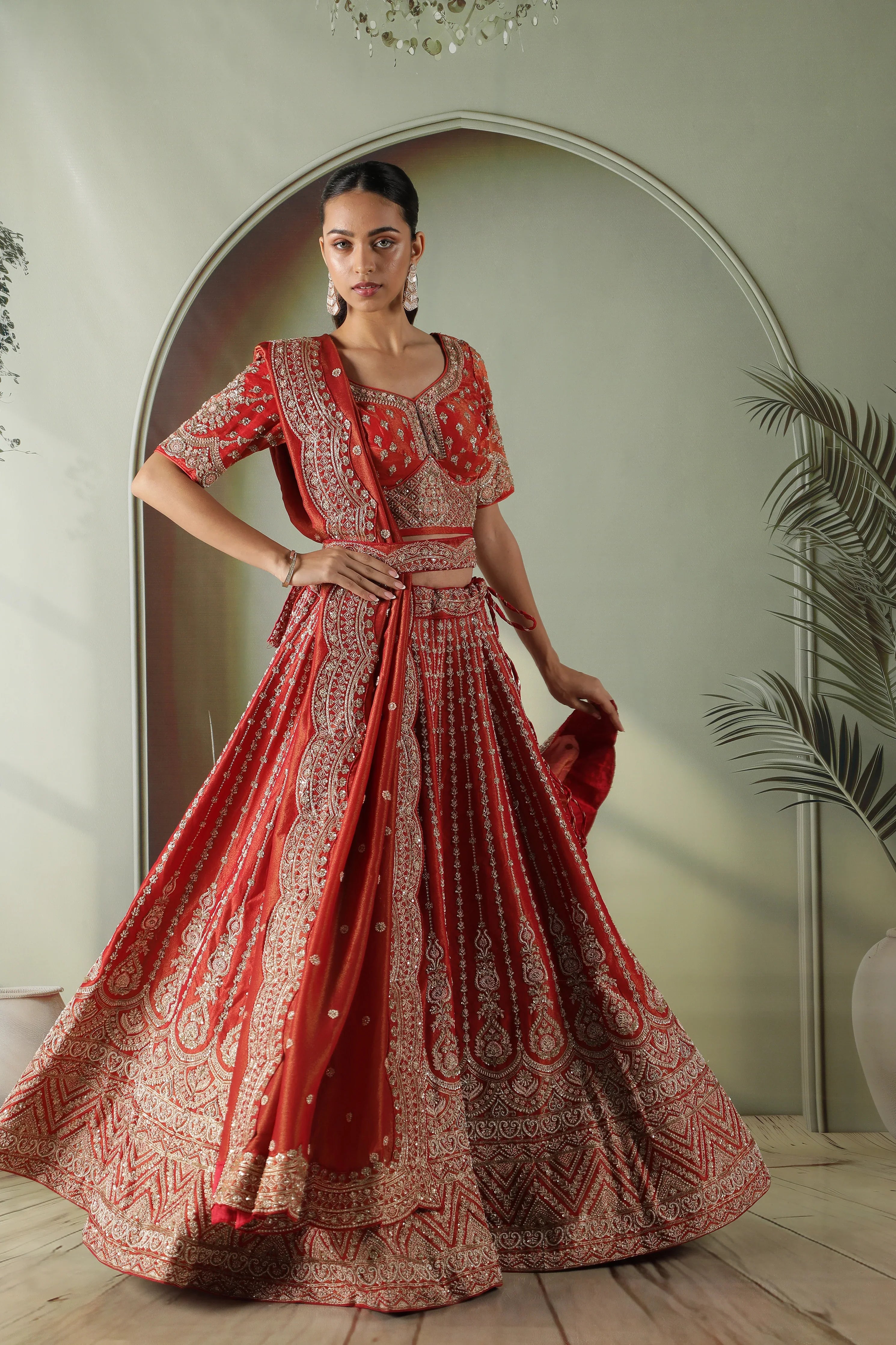 Rust Tissue Silk Bridal Lehenga Set - Mokshaa