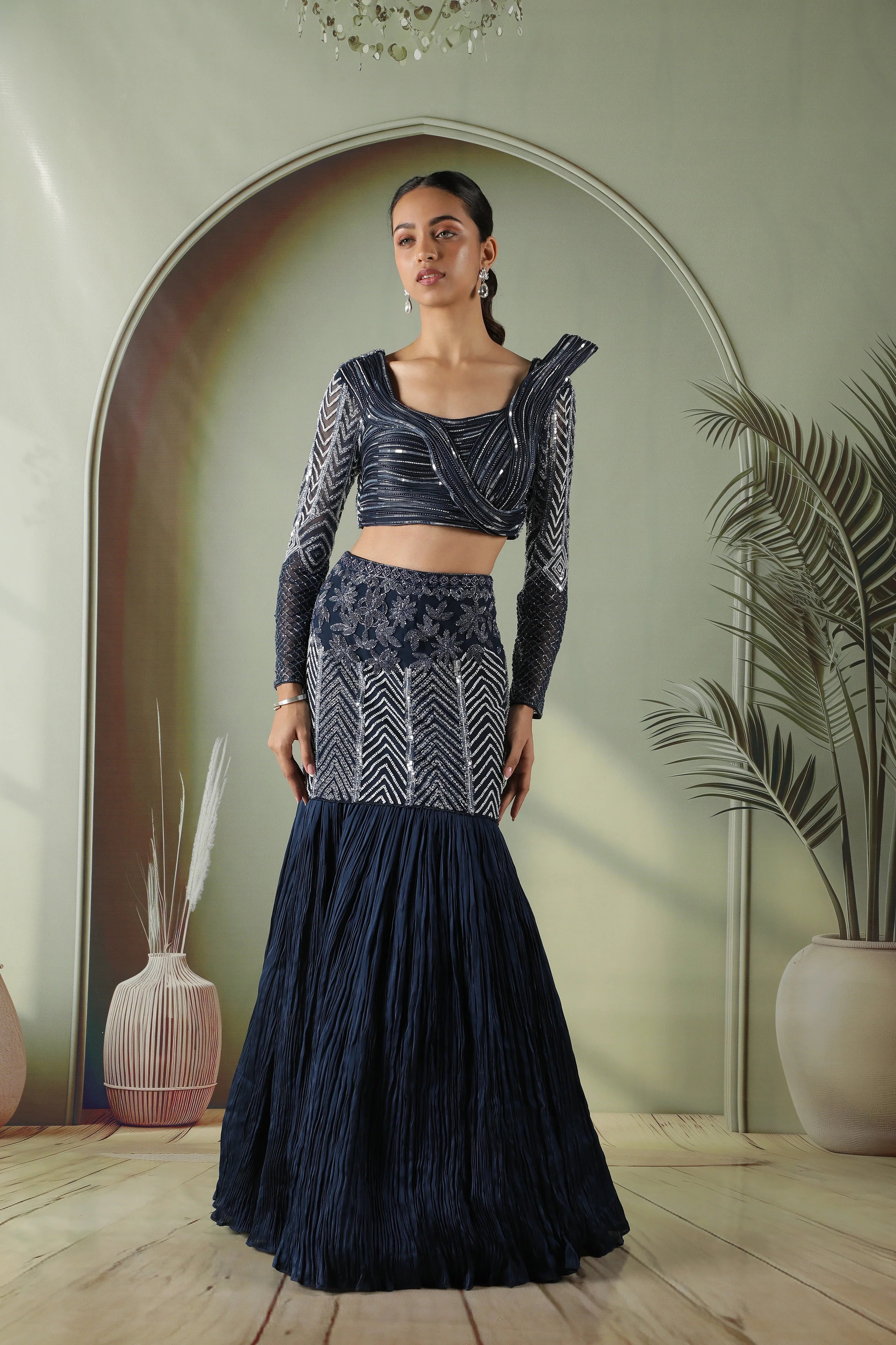 Navy Blue Silk Mermaid Cut Lehenga with Draped Blouse - Mokshaa