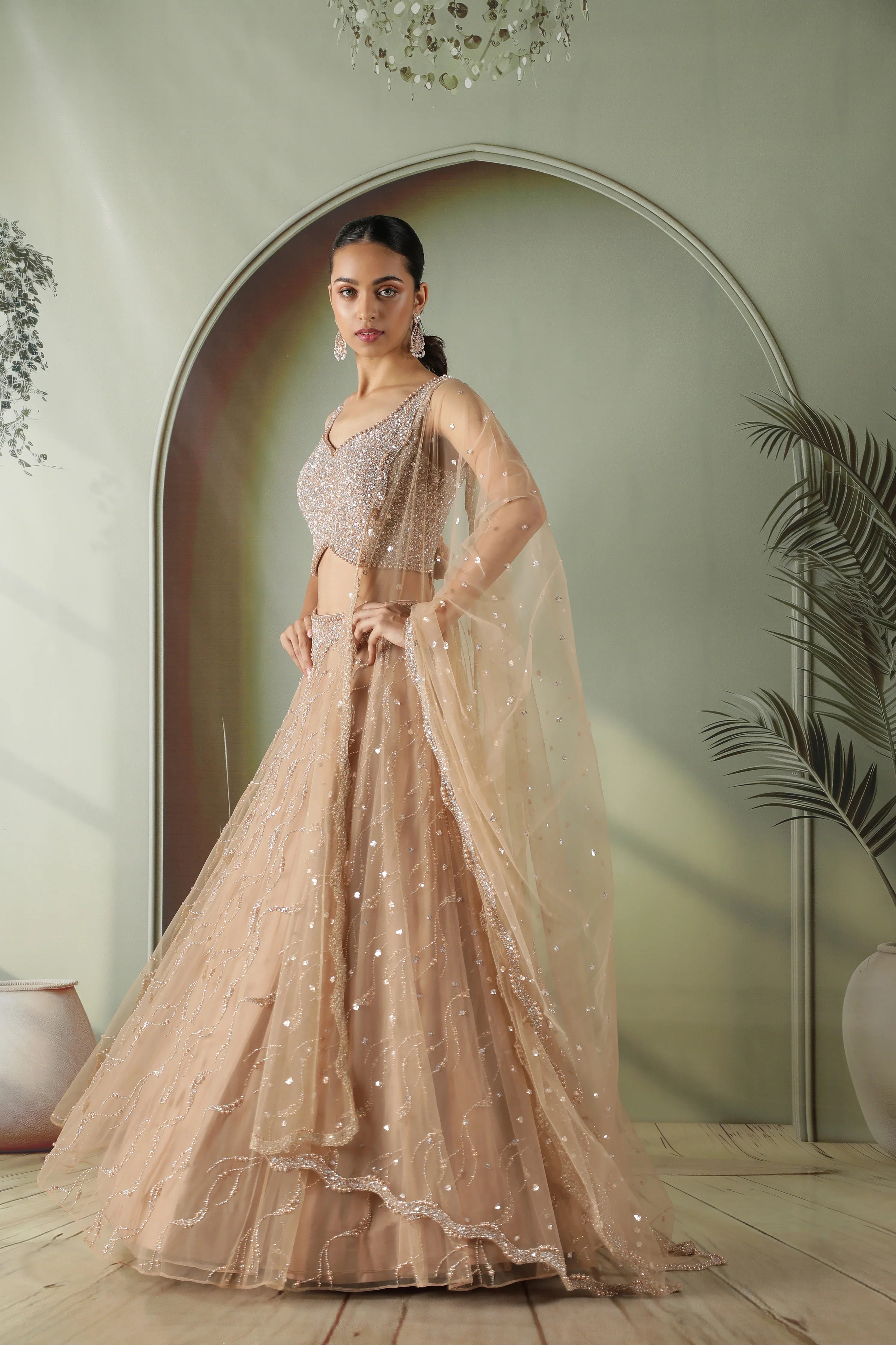 Nude Gold Sequin Embellished Net Lehenga Set - Mokshaa