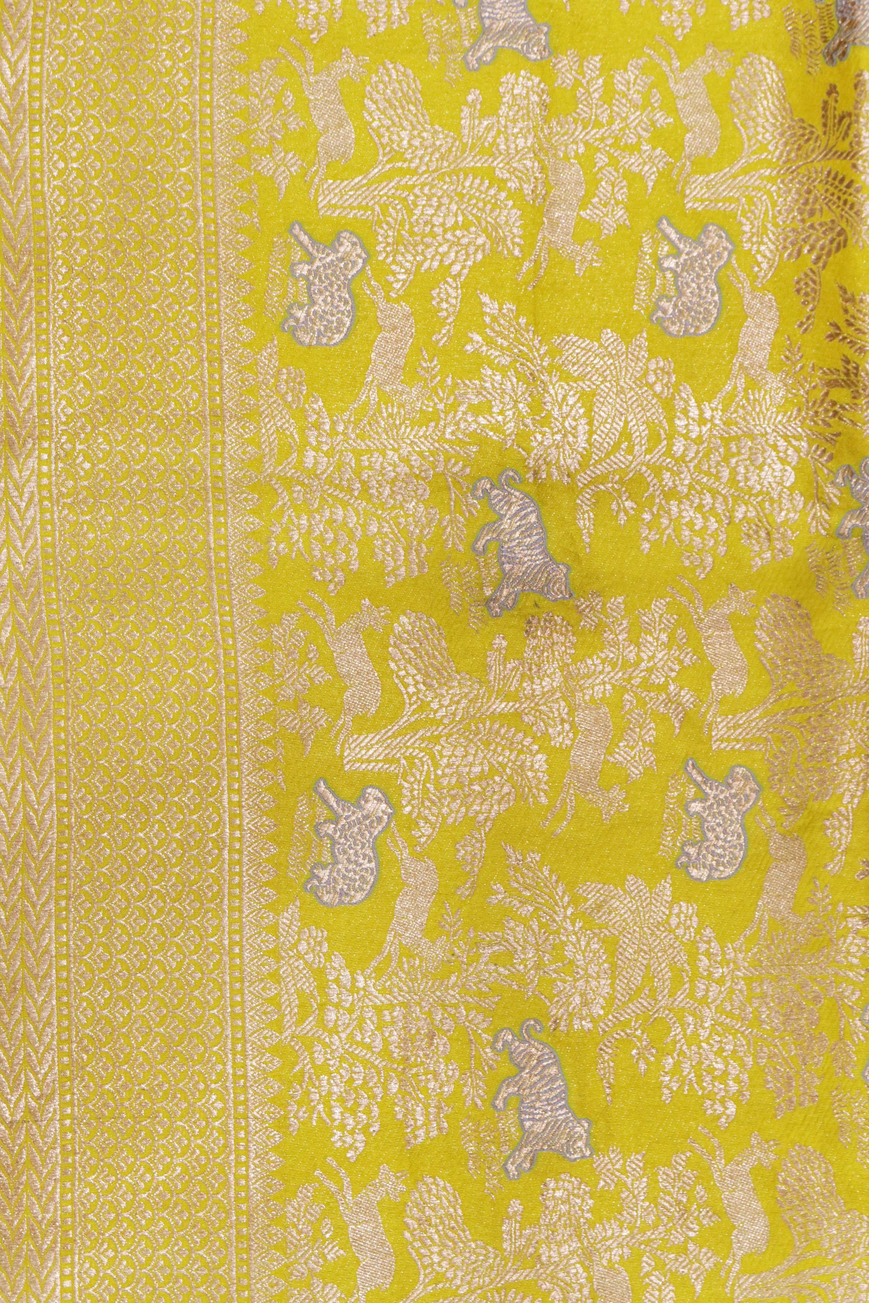 Yellow Banarasi Animal Motif Silk Saree - Mokshaa