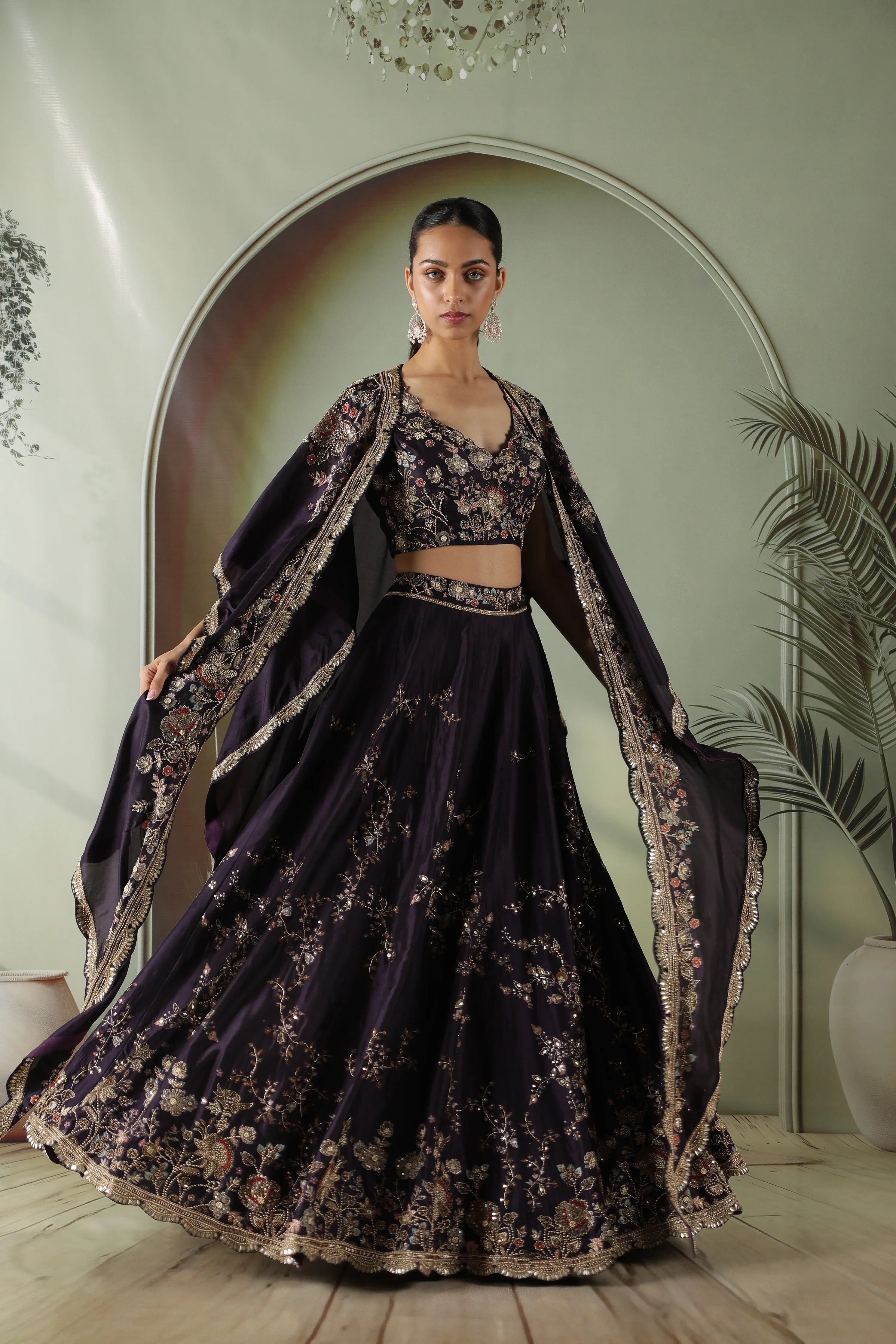 Purple Silk Lehenga with Printed Cape - Mokshaa