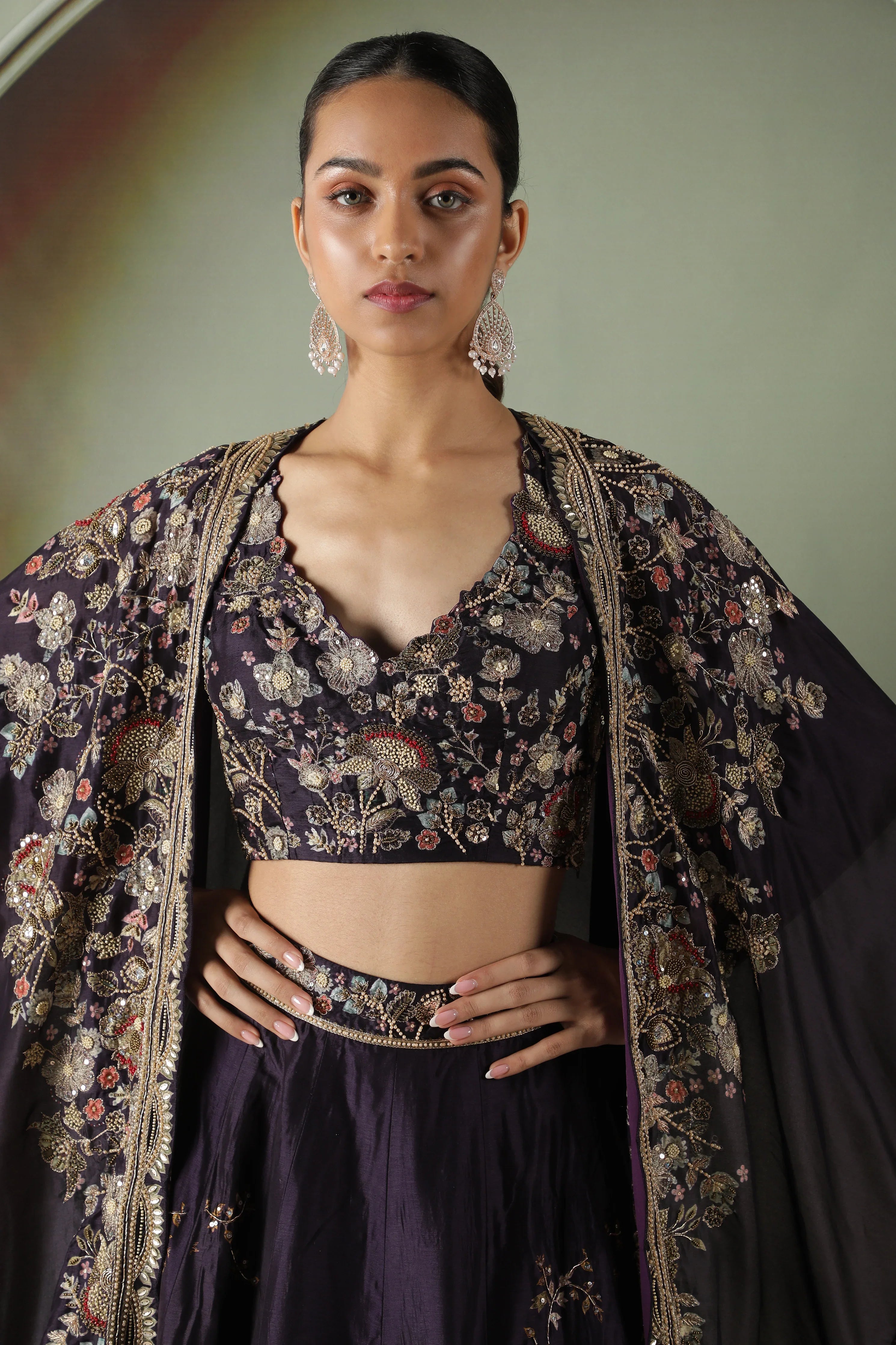 Purple Silk Lehenga with Printed Cape - Mokshaa