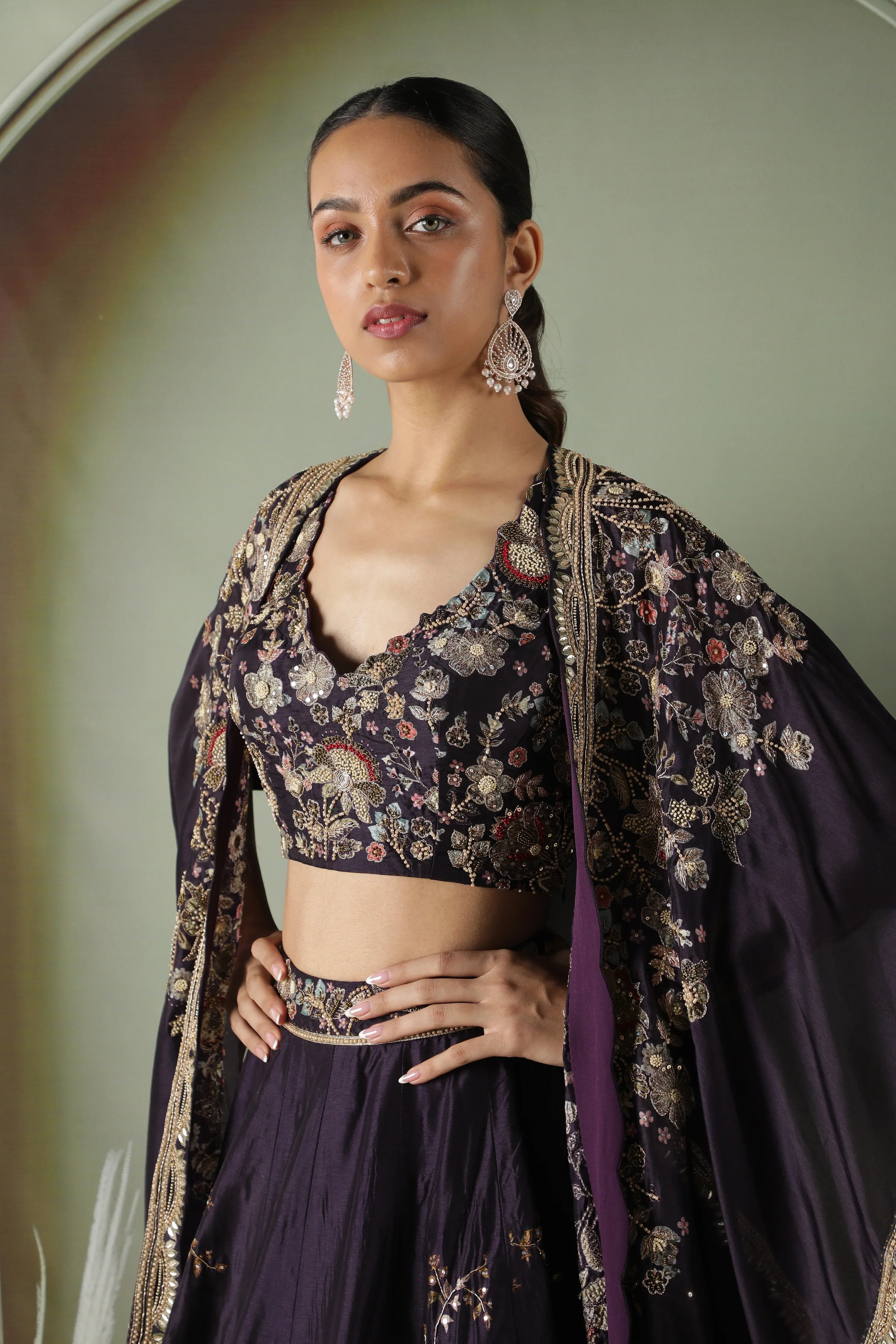 Purple Silk Lehenga with Printed Cape - Mokshaa