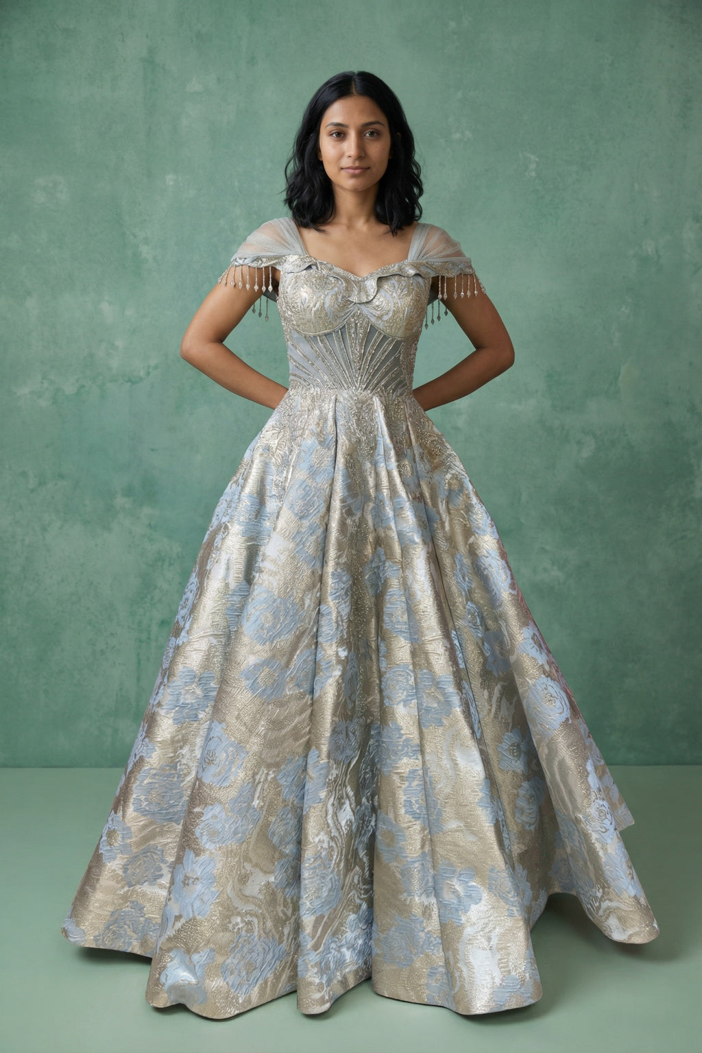 Blue & Silver Shimmer Gown with Pearl Embellishments - Mokshaa