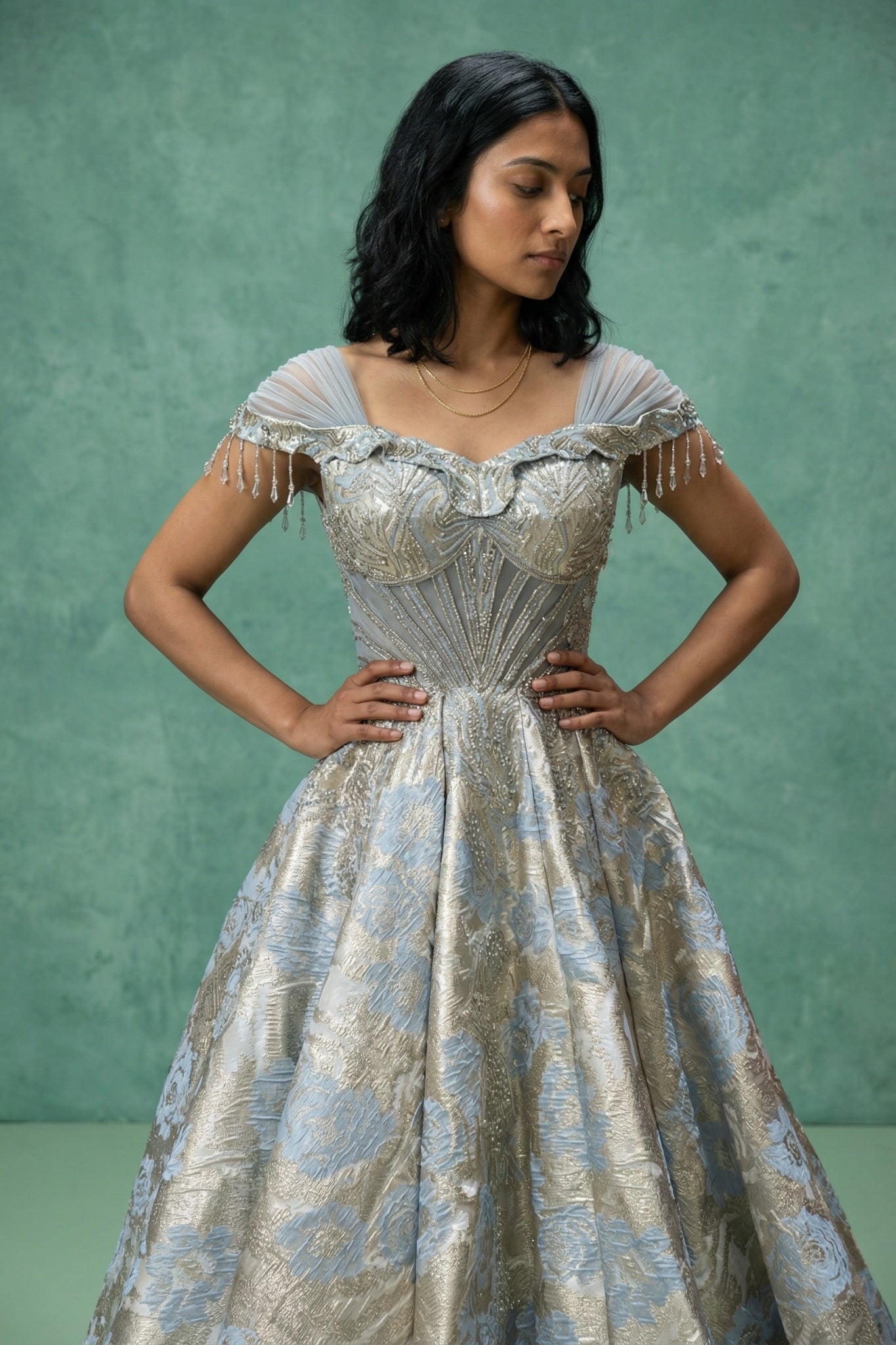 Blue & Silver Shimmer Gown with Pearl Embellishments - Mokshaa