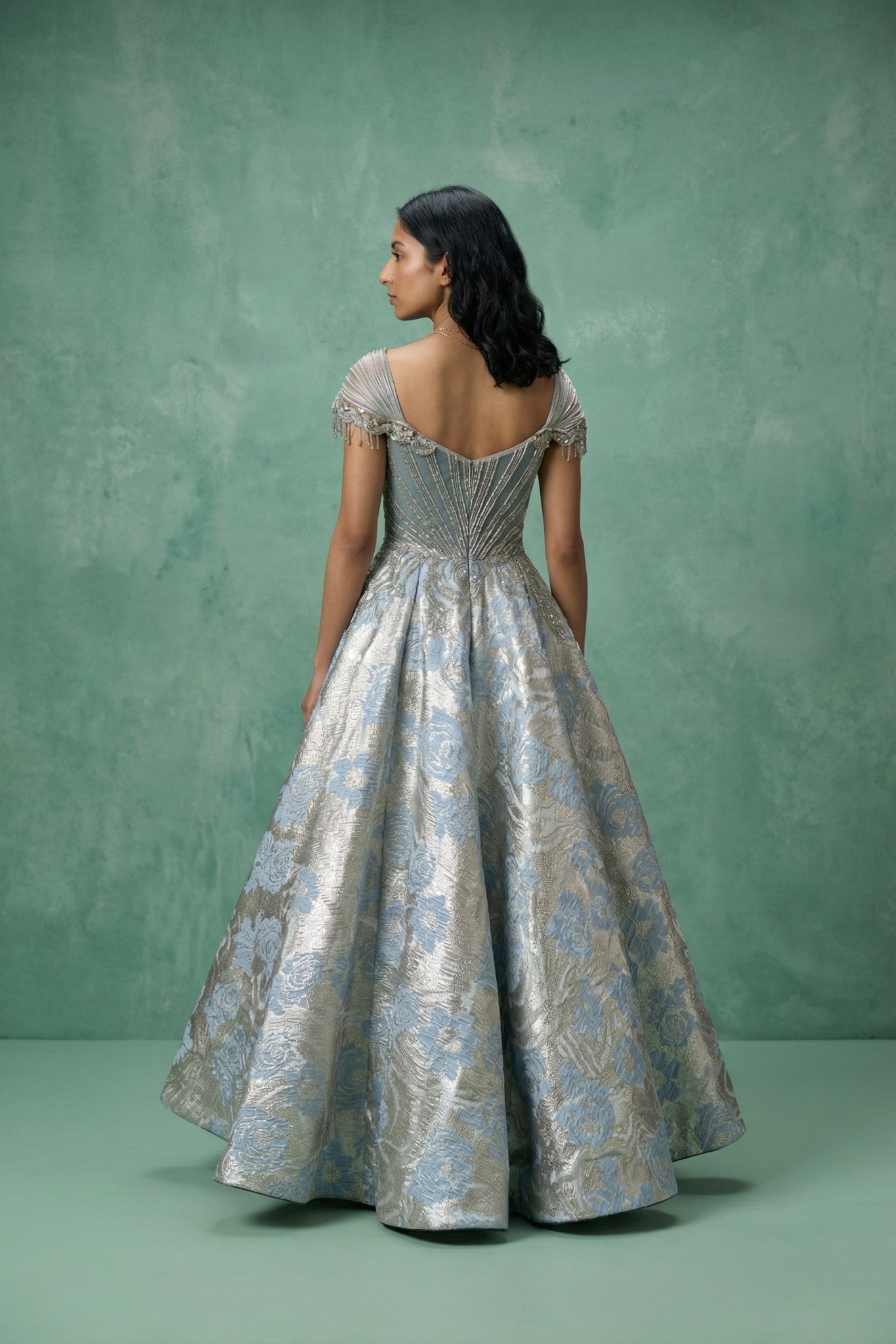Blue & Silver Shimmer Gown with Pearl Embellishments - Mokshaa