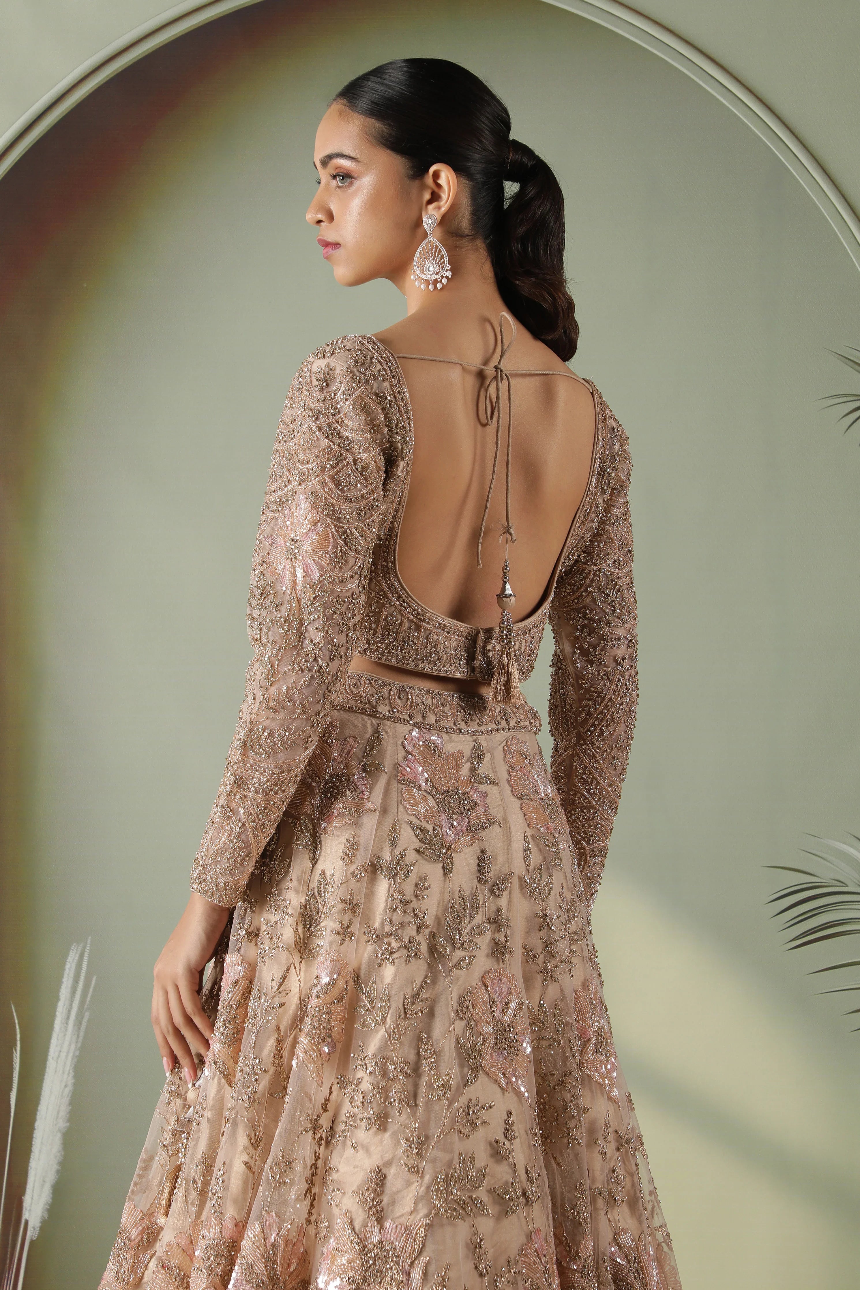 Champagne Gold Floral Embroidered Net Lehenga Set - Mokshaa