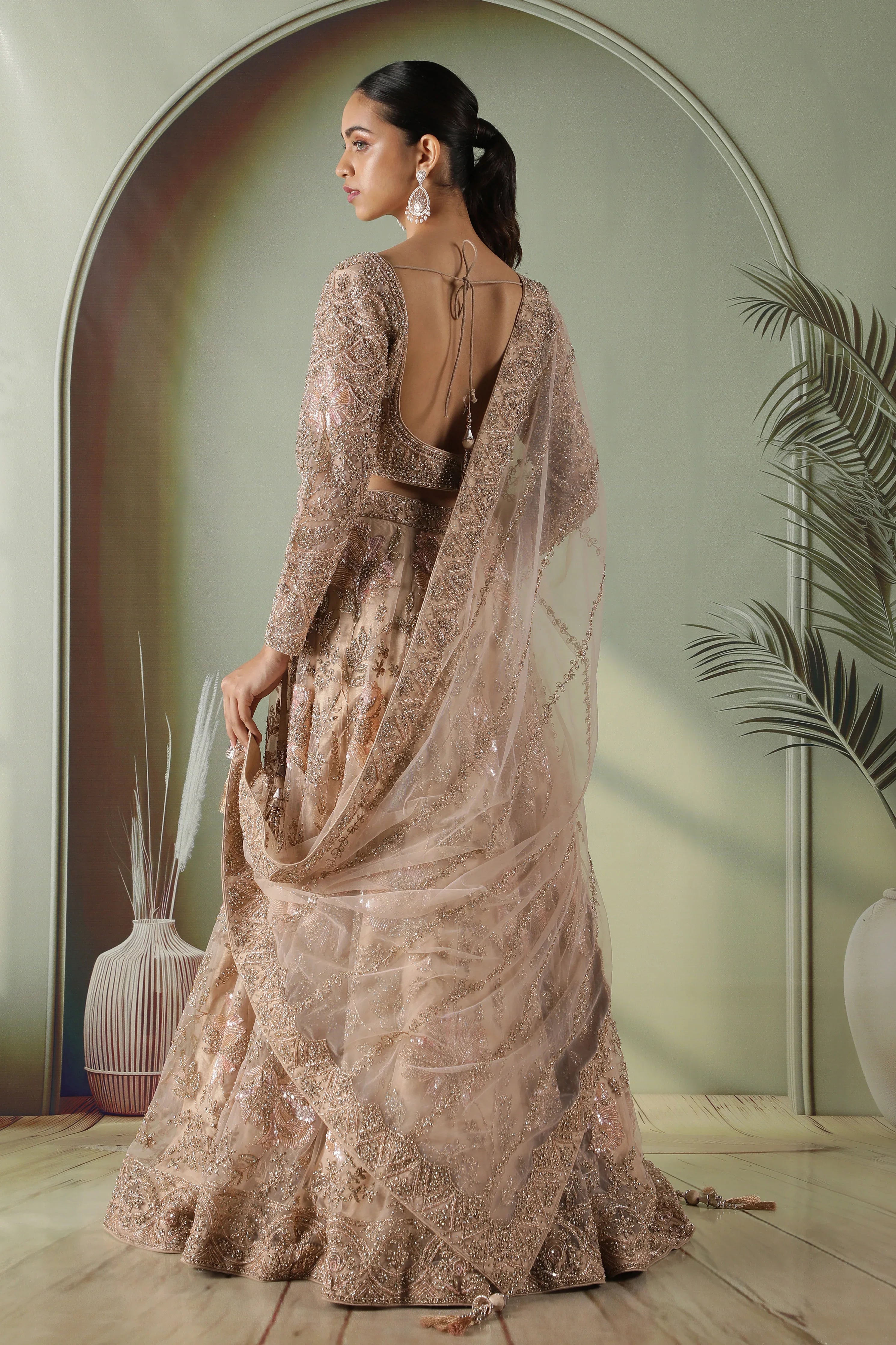 Champagne Gold Floral Embroidered Net Lehenga Set - Mokshaa