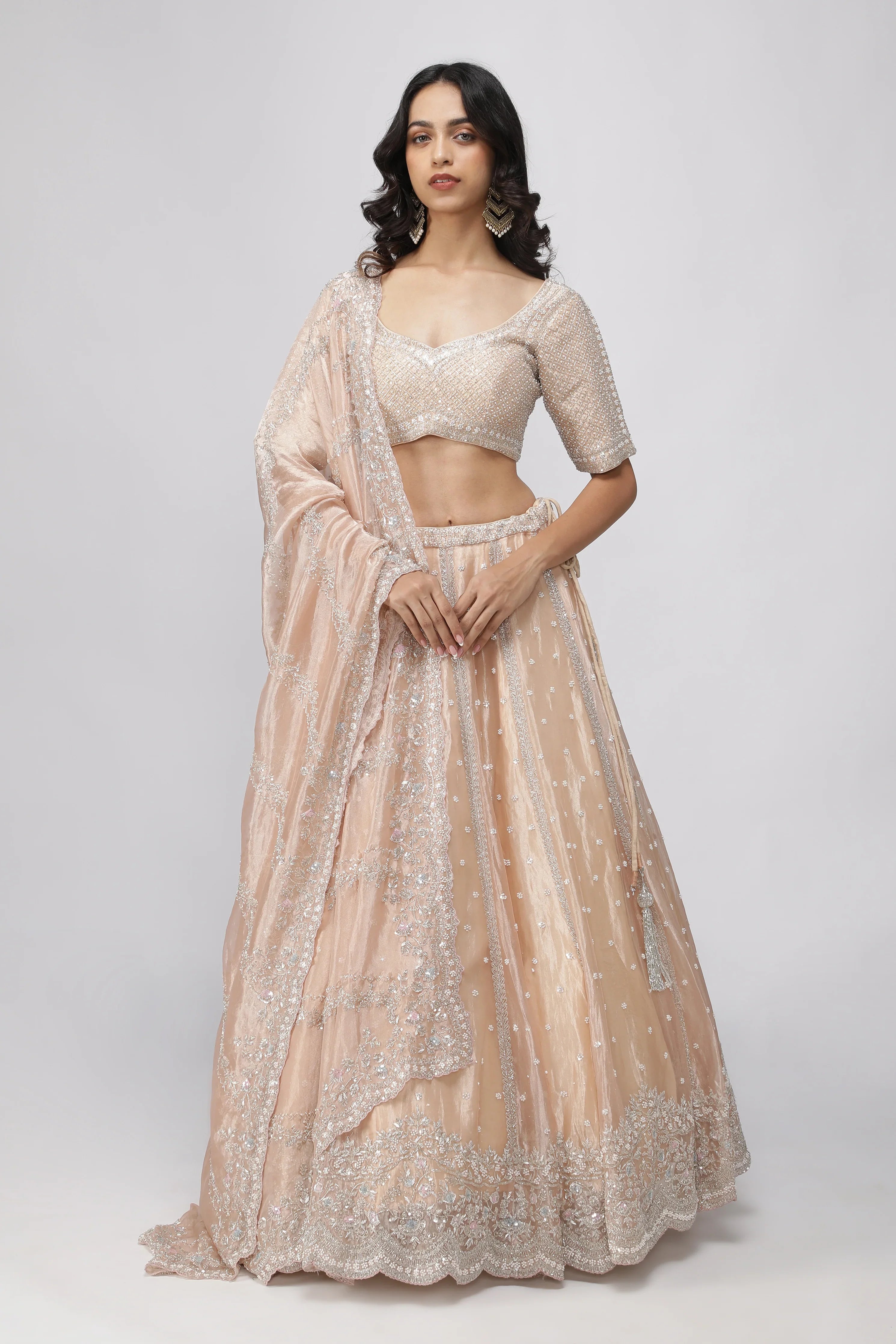 Peach Tissue Organza Lehenga Set - Mokshaa