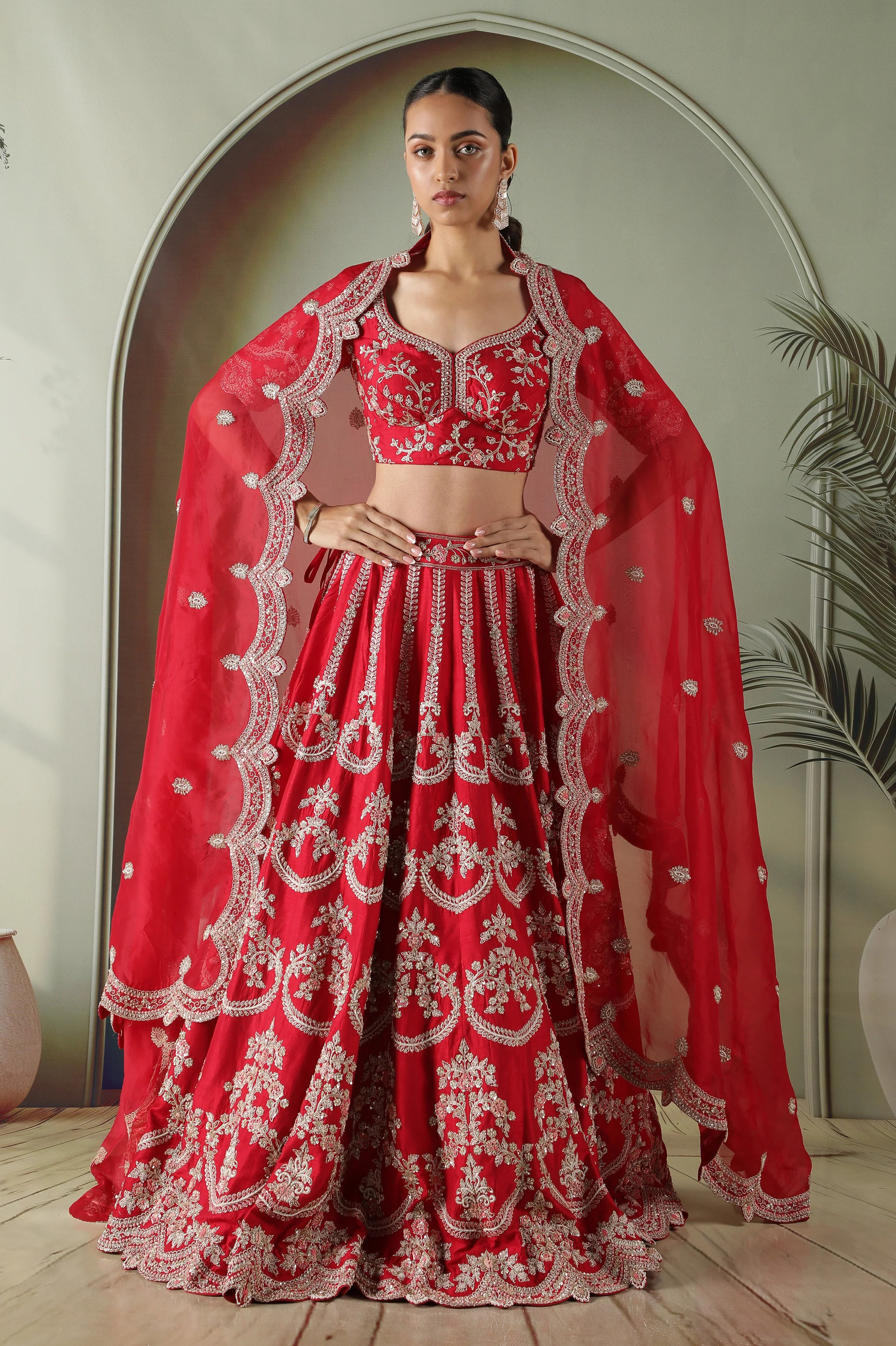 Red Raw Silk Bridal Lehenga Set - Mokshaa